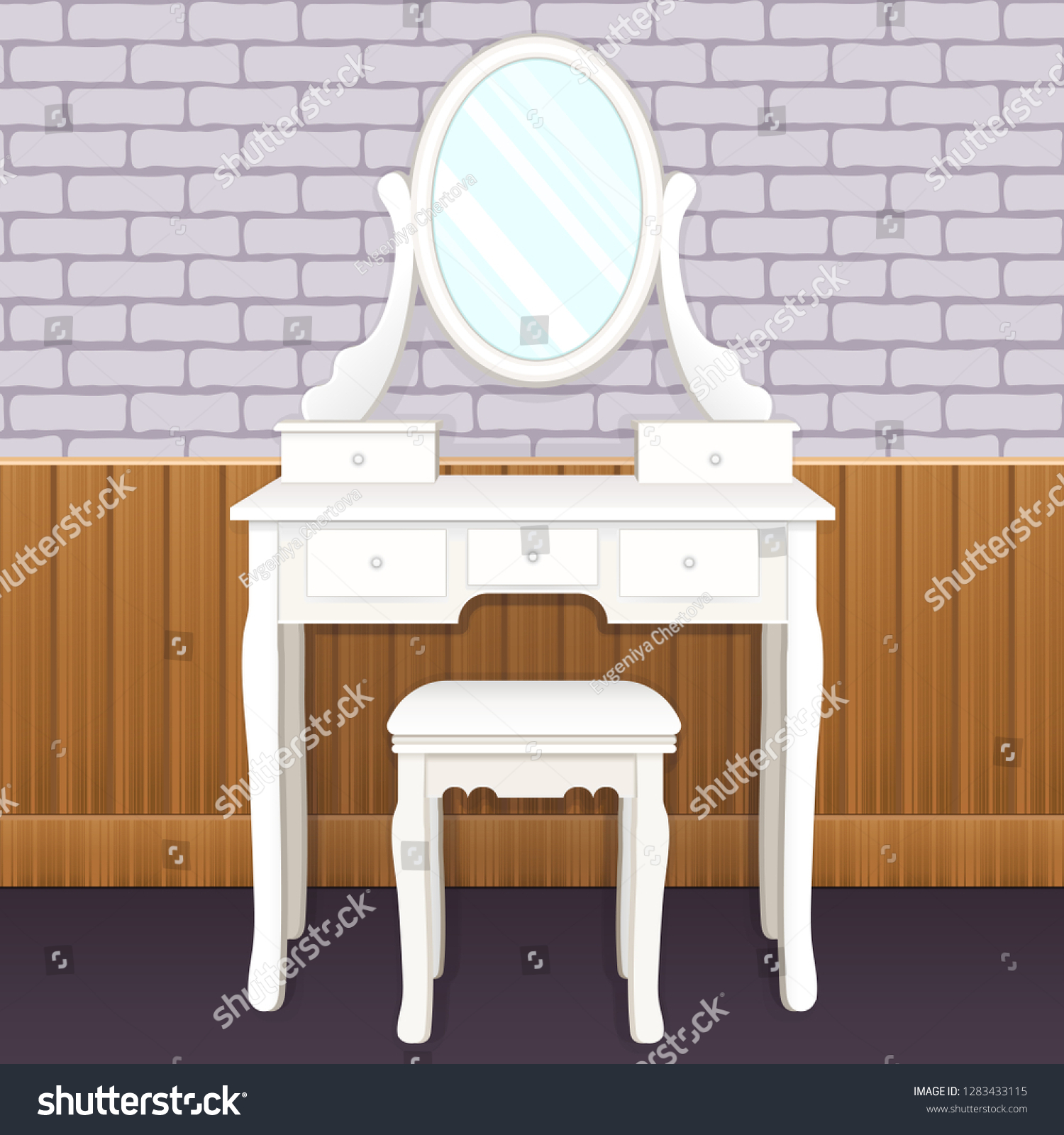 white desk with mirror and lights