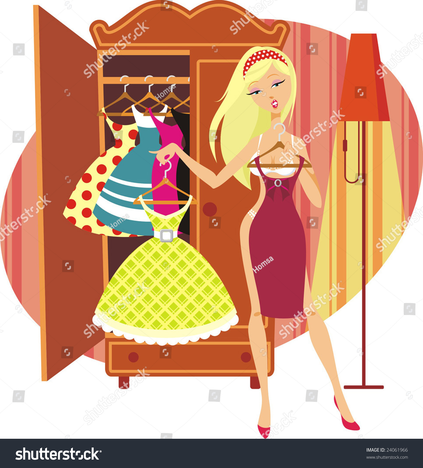 woman choosing dress wardrobe, red shoes, blonde hair clip art preview