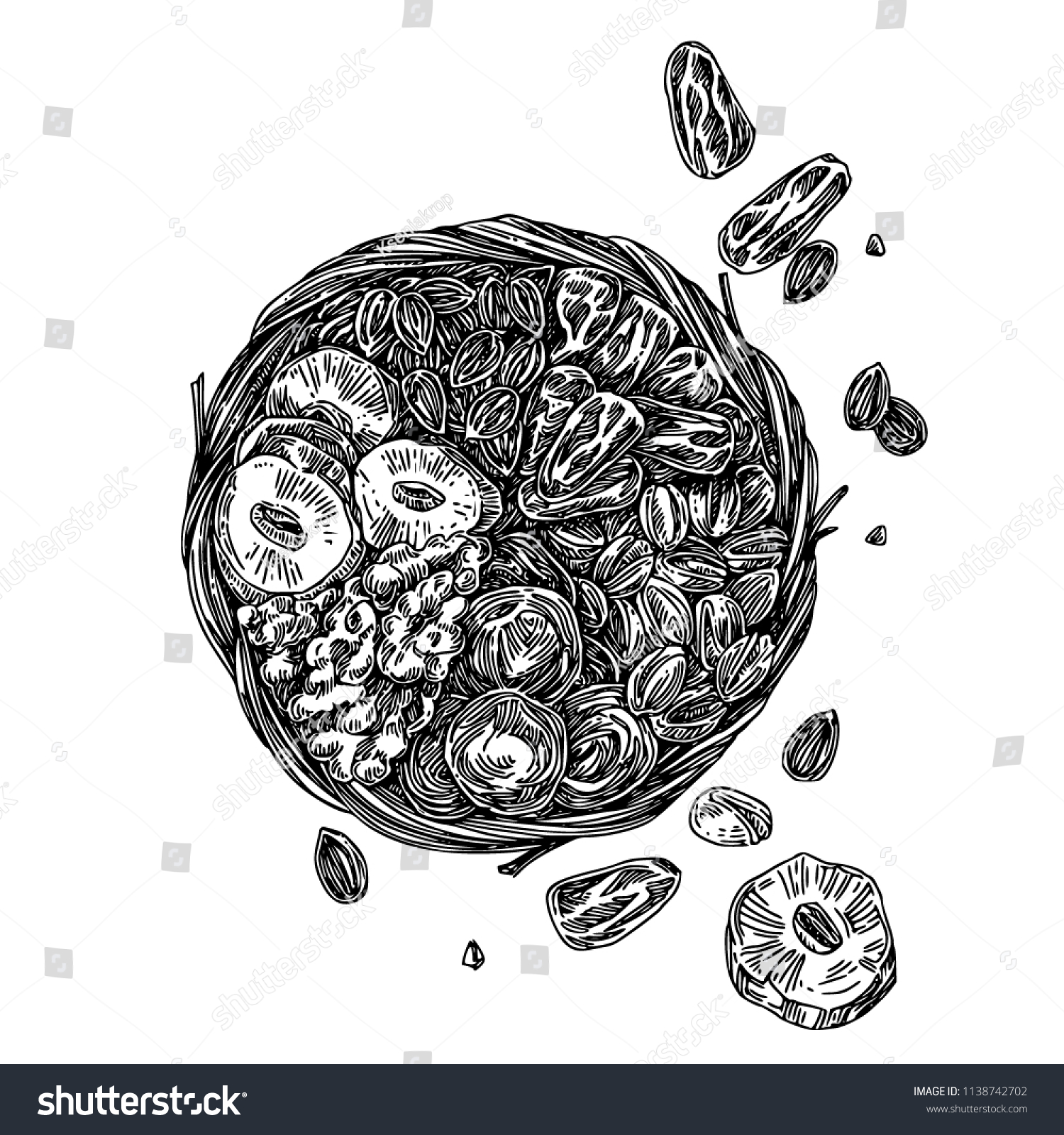 Dried Fruits Nuts Basket Engraving Style Stock Vector (Royalty Free ...