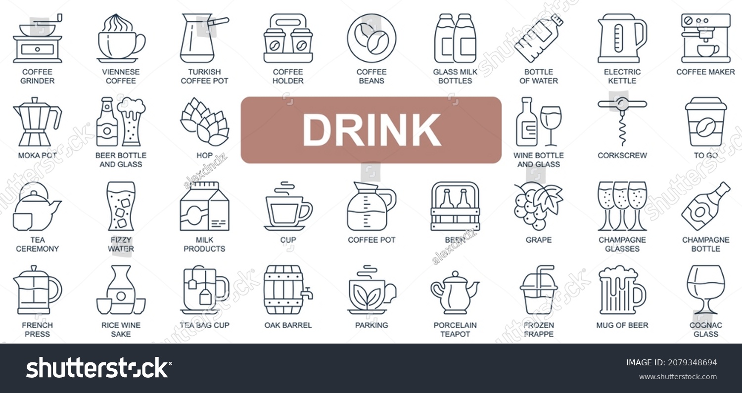 SVG of Drink concept simple line icons set. Bundle of coffee, turkish pot, beans, milk, wine, tea ceremony, beer, champagne, cognac and other. Vector pack outline symbols for website or mobile app design svg
