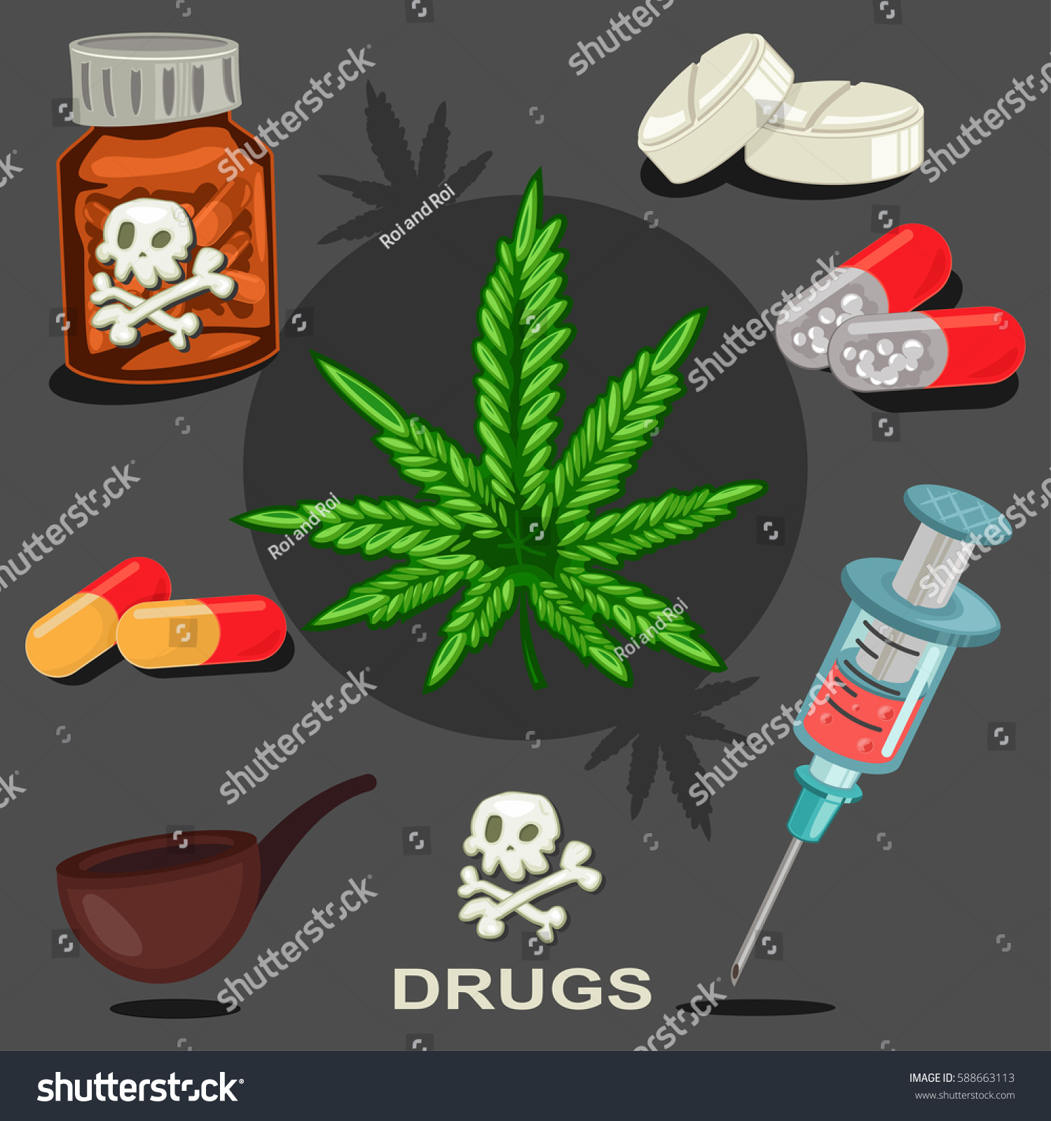 ドラッグのベクター画像アイコンセット 違法な麻薬 マリファナの葉 ヘロイン入りの注射器 丸薬 喫煙管 のベクター画像素材 ロイヤリティフリー