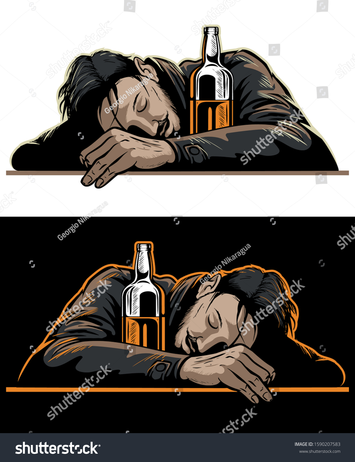 Drunk Man Sleeping On Table Whiskey Vector có sẵn (miễn phí bản quyền