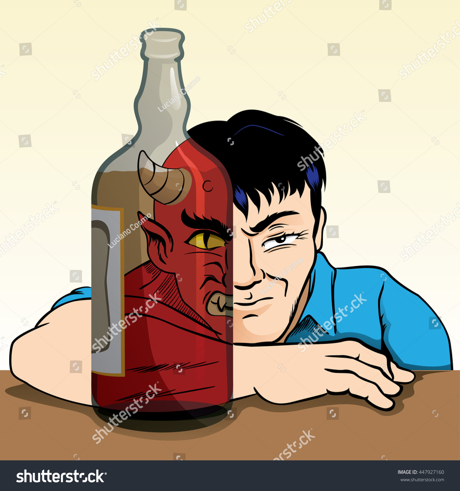 SVG of drunk person turning into a demon due to alcohol trough of alcohol and can see the alter ego of man. Ideal for awareness campaigns svg