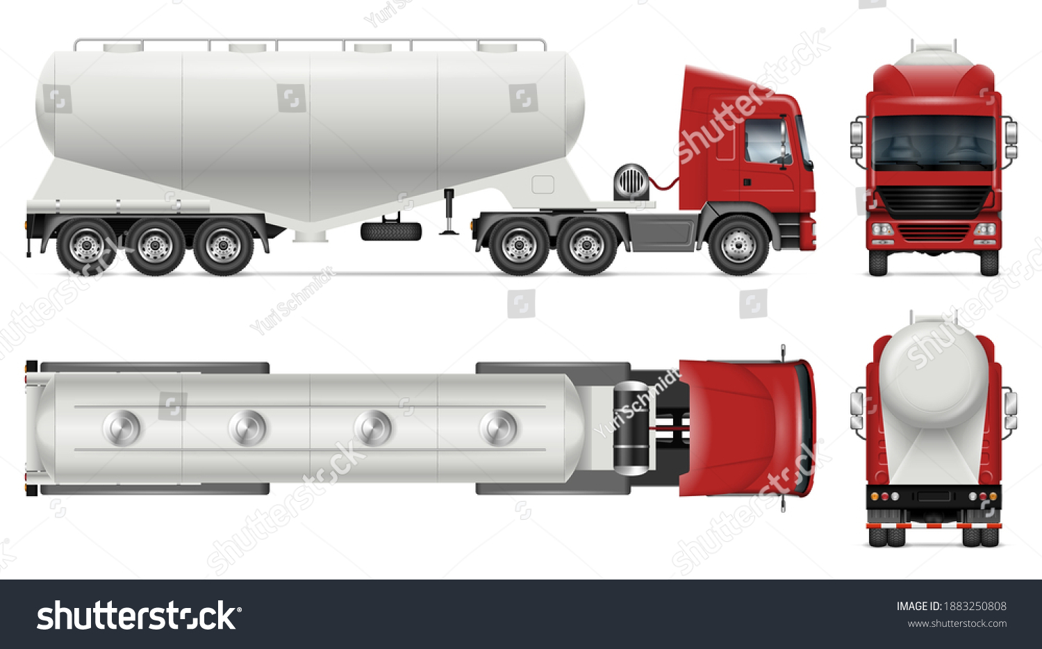 SVG of Dry bulk tanker trailer truck vector mockup on white for vehicle branding, corporate identity. View from side, front, back, top. All elements in groups on separate layers for easy editing and recolor svg