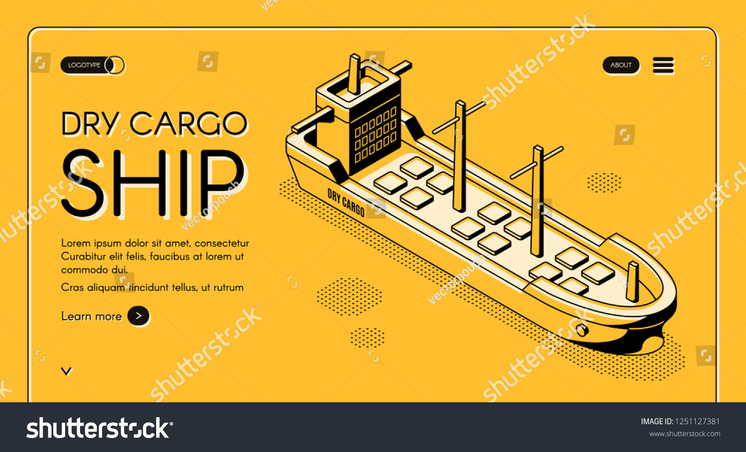 SVG of Dry cargo ship isometric vector web banner with bulk carrier line art illustration. Freight maritime transport, merchant vessel for goods delivery. International trade company landing page template svg