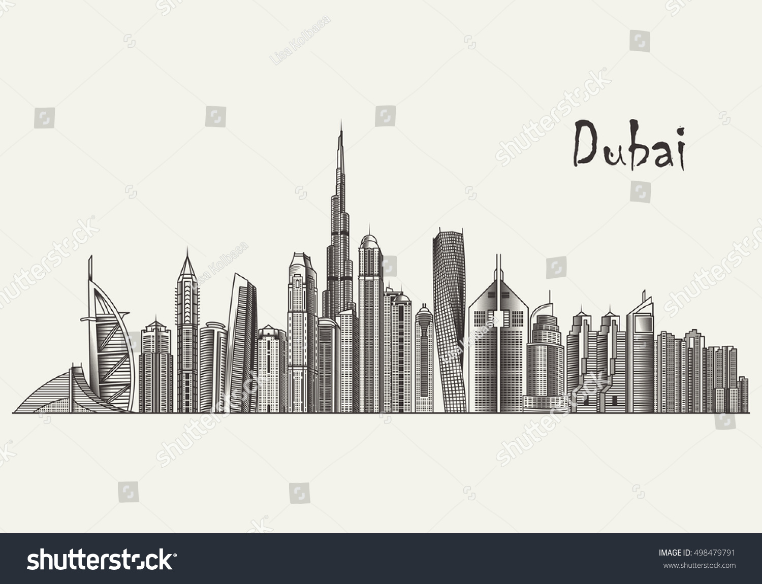 Dubai Skyline Detaillierte Silhouette Handgezeichnete Vektorgrafik Stock Vektorgrafik Lizenzfrei