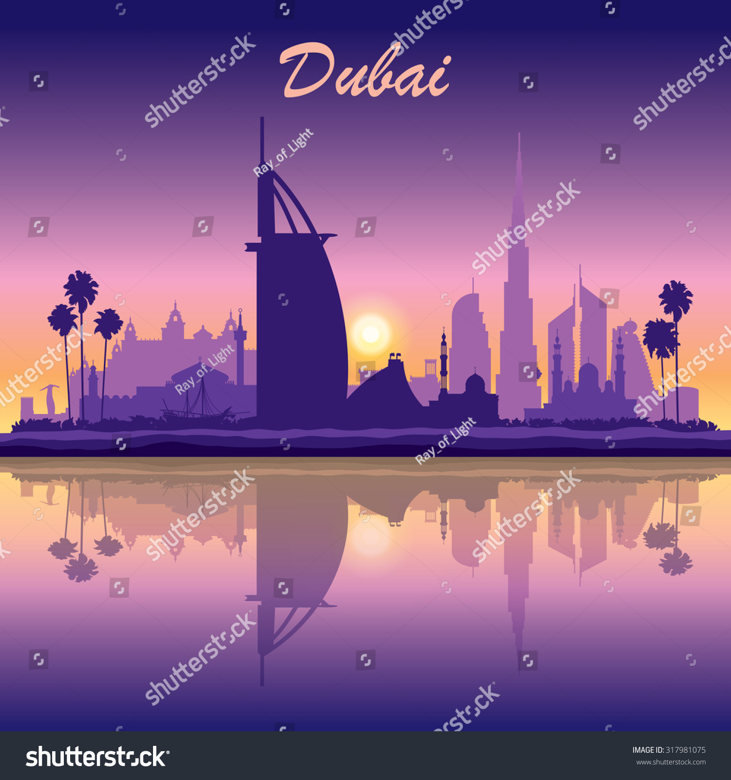 Dubai Skyline Silhouette Auf Sonnenuntergang Vektorgrafik Stock Vektorgrafik Lizenzfrei