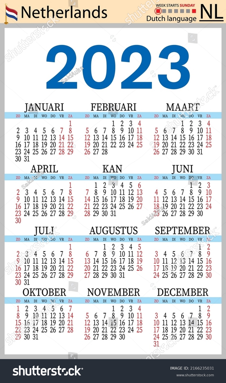 Dutch Vertical Pocket Calendar 2023 Two Stock Vector (Royalty Free ...