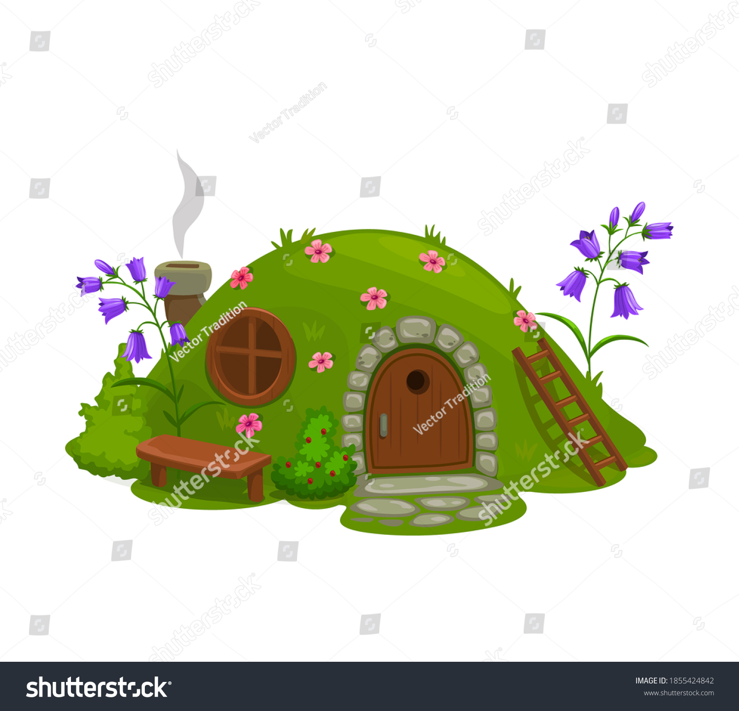 SVG of Dwarf or gnome house, fairytale dugout hut cartoon vector. Fairy or magic creature home in hill, covered grass and flowers hole, shack with wooden door, round window and bench on grass svg