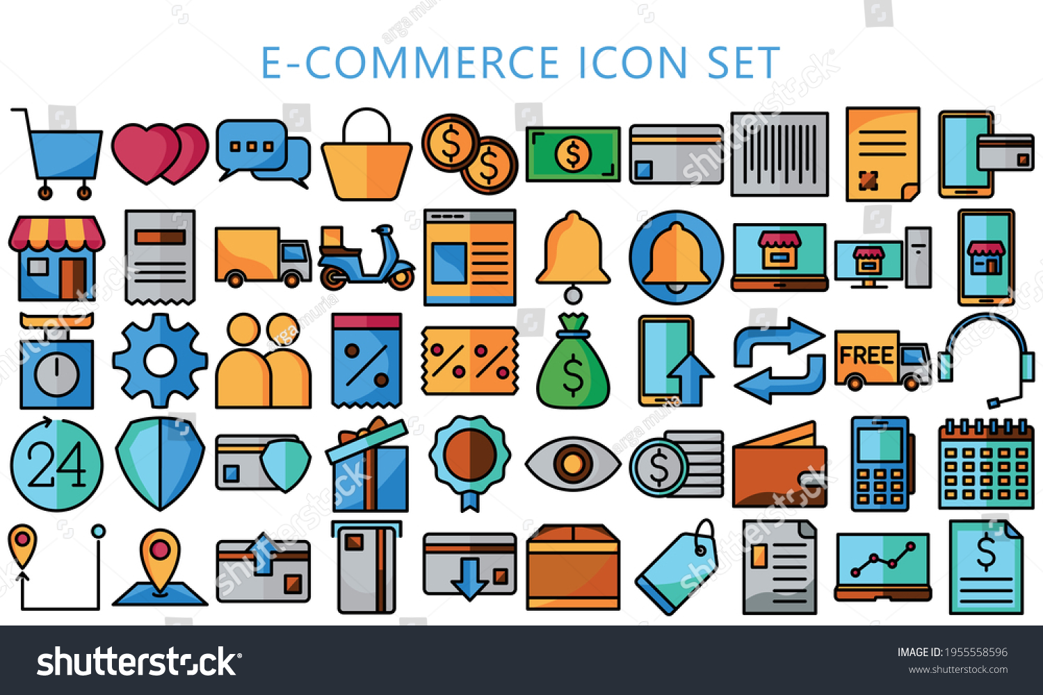 SVG of E-commerce business and Online shopping icons collection set, multi color with black outline design for application and websites on white background, Vector illustration EPS 10 ready convert to SVG svg