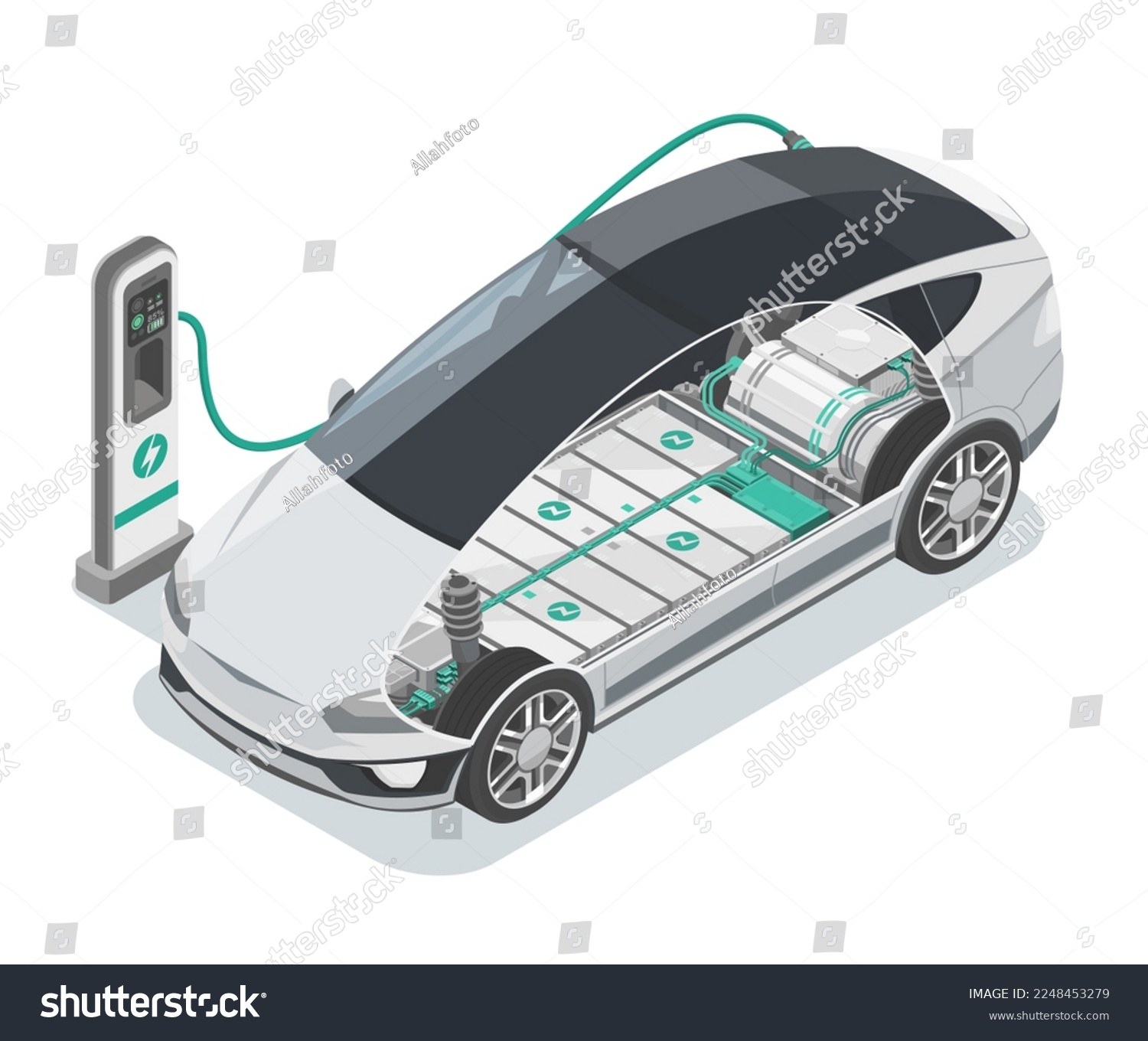 SVG of E-mobility EV Electric Car stop at Charging Station Ecology cut inside show Battery Concept isometric isolated vector svg