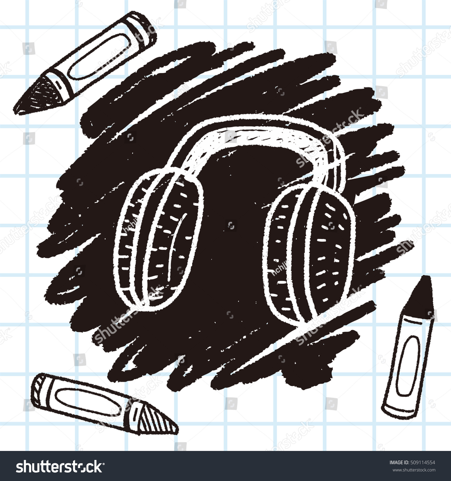 black and white headphones and crayons doodle clip art preview