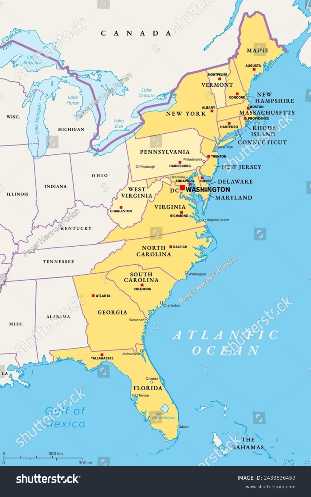 SVG of East or Atlantic Coast of the United States, political map. Eastern Seaboard states with coastline on Atlantic Ocean highlighted in yellow and States considered part of the East Coast in light yellow. svg