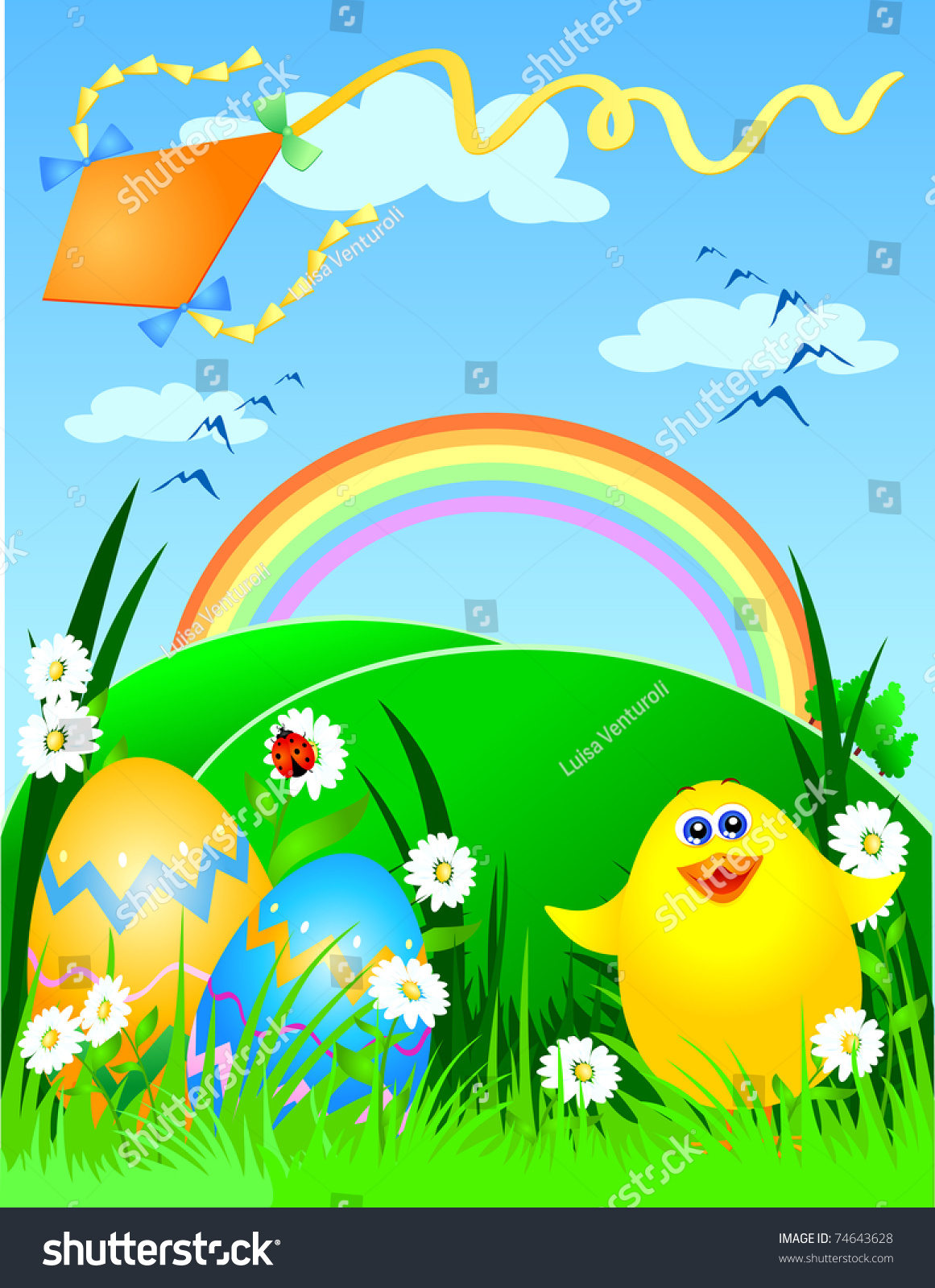 Easter Background With Chick And Kite Flying. Vector - 74643628 ...