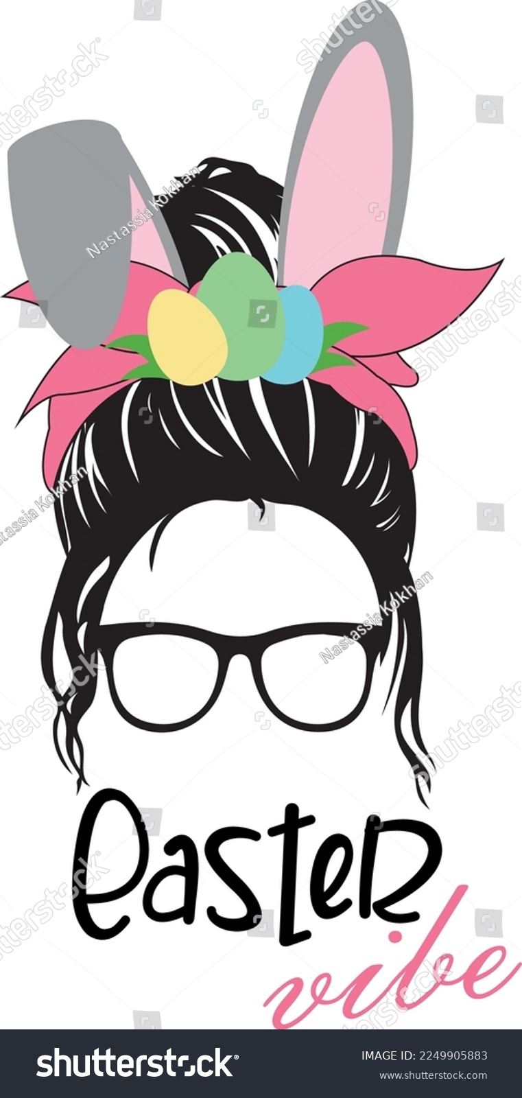 SVG of Easter messy bun Svg vector Illustration isolated on white background. Easter vibe shirt design with eggs, sunglasses, bow and bunny ears. Easter print decoration svg