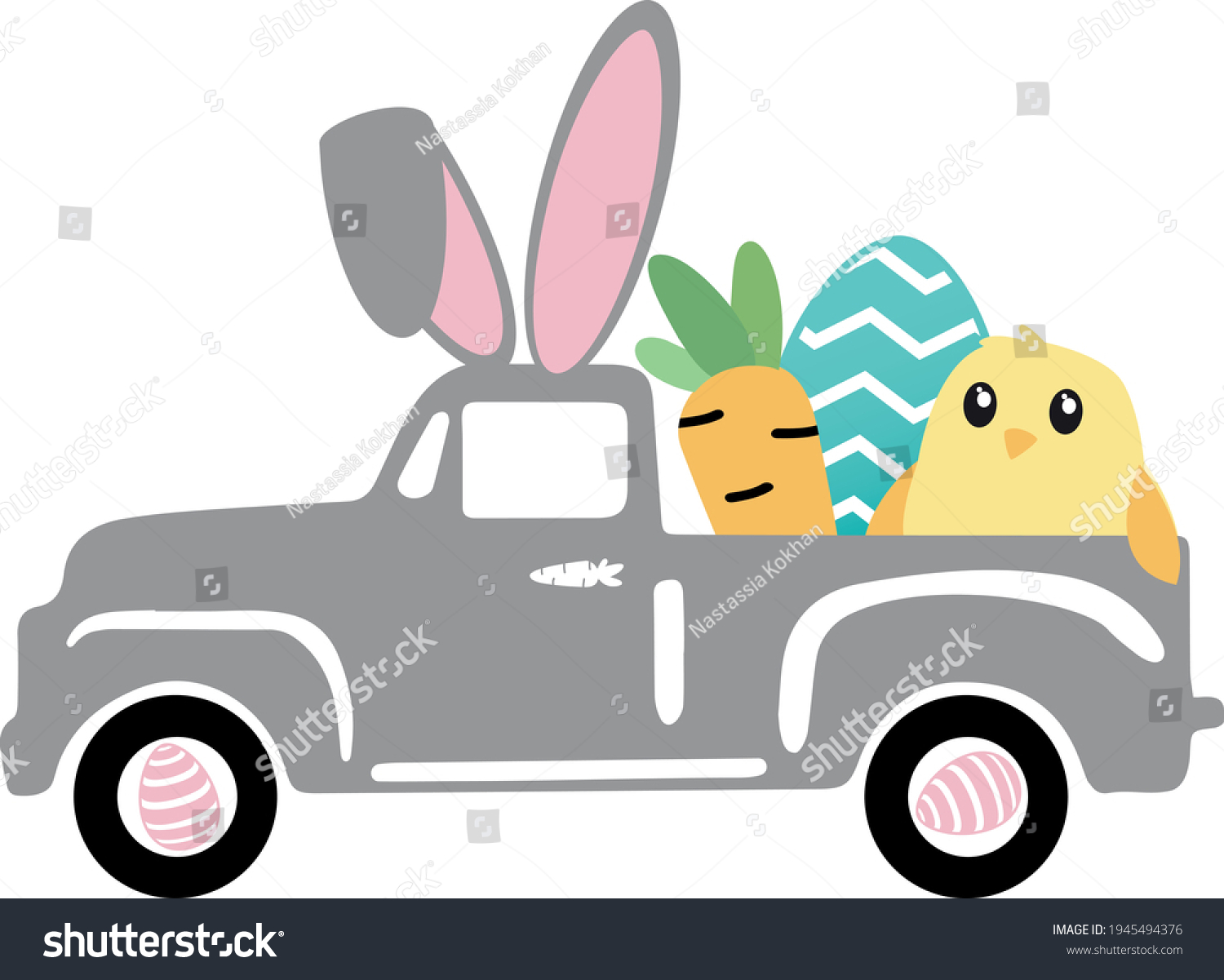 SVG of Easter Truck Svg vector Illustration isolated on white background. Easter Truck with easter eggs, carrot, easter bunny,chicken for Cricut and Silhouette. Vintage truck for shirt and scrapbooking. svg
