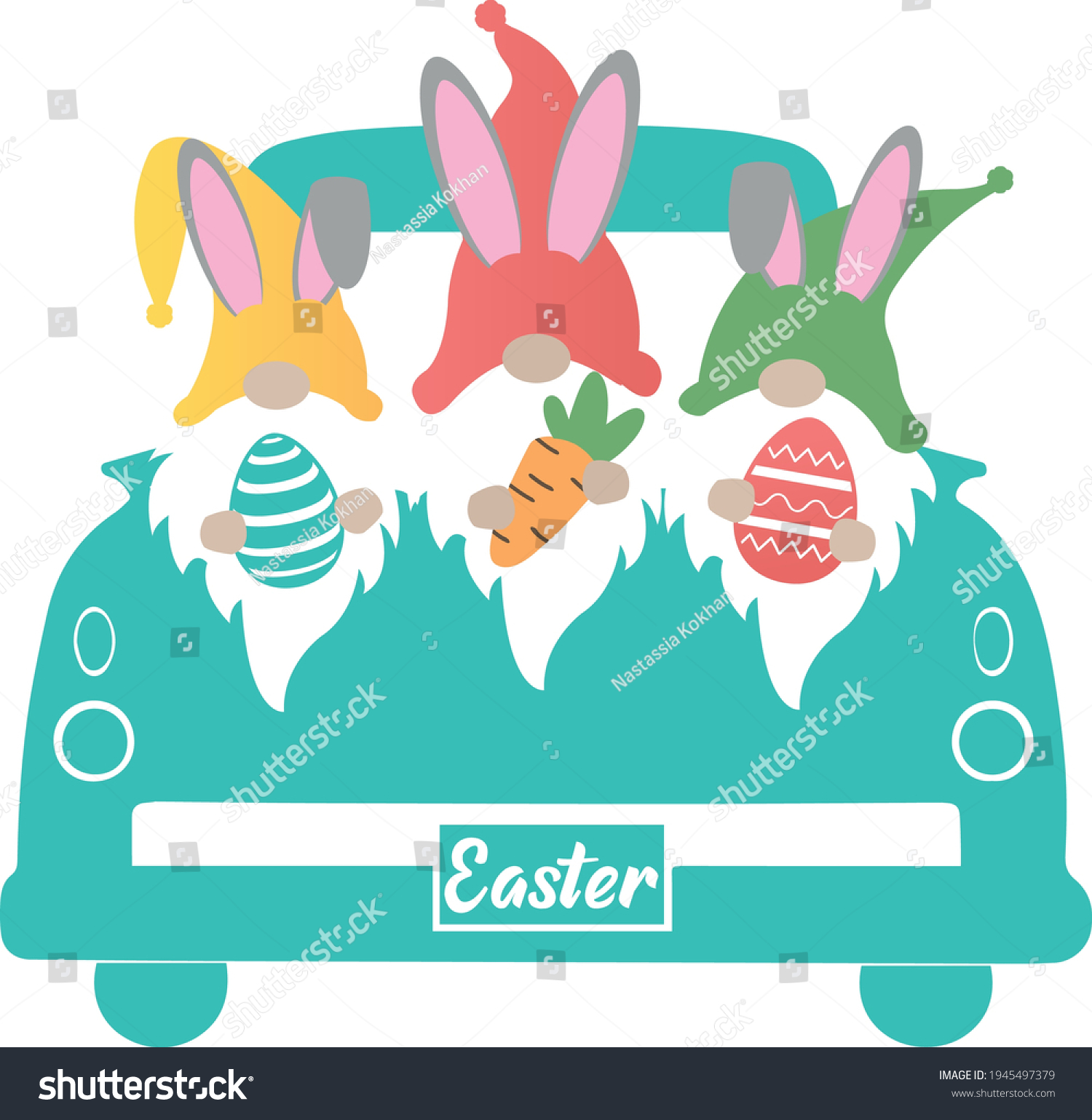 SVG of Easter Truck Svg vector Illustration isolated on white background. Easter Truck with easter gnome for Cricut and Silhouette. Vintage truck for design shirt and scrapbooking.Easter gnome image svg