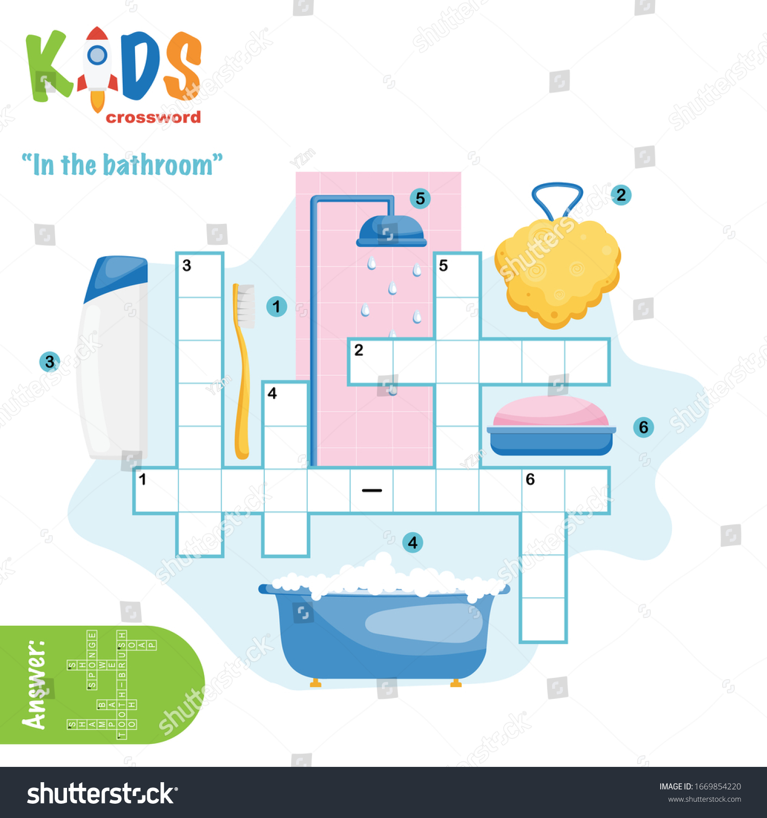 SVG of Easy crossword puzzle 'In the bathroom', for children in elementary and middle school. Fun way to practice language comprehension and expand vocabulary. Includes answers. svg