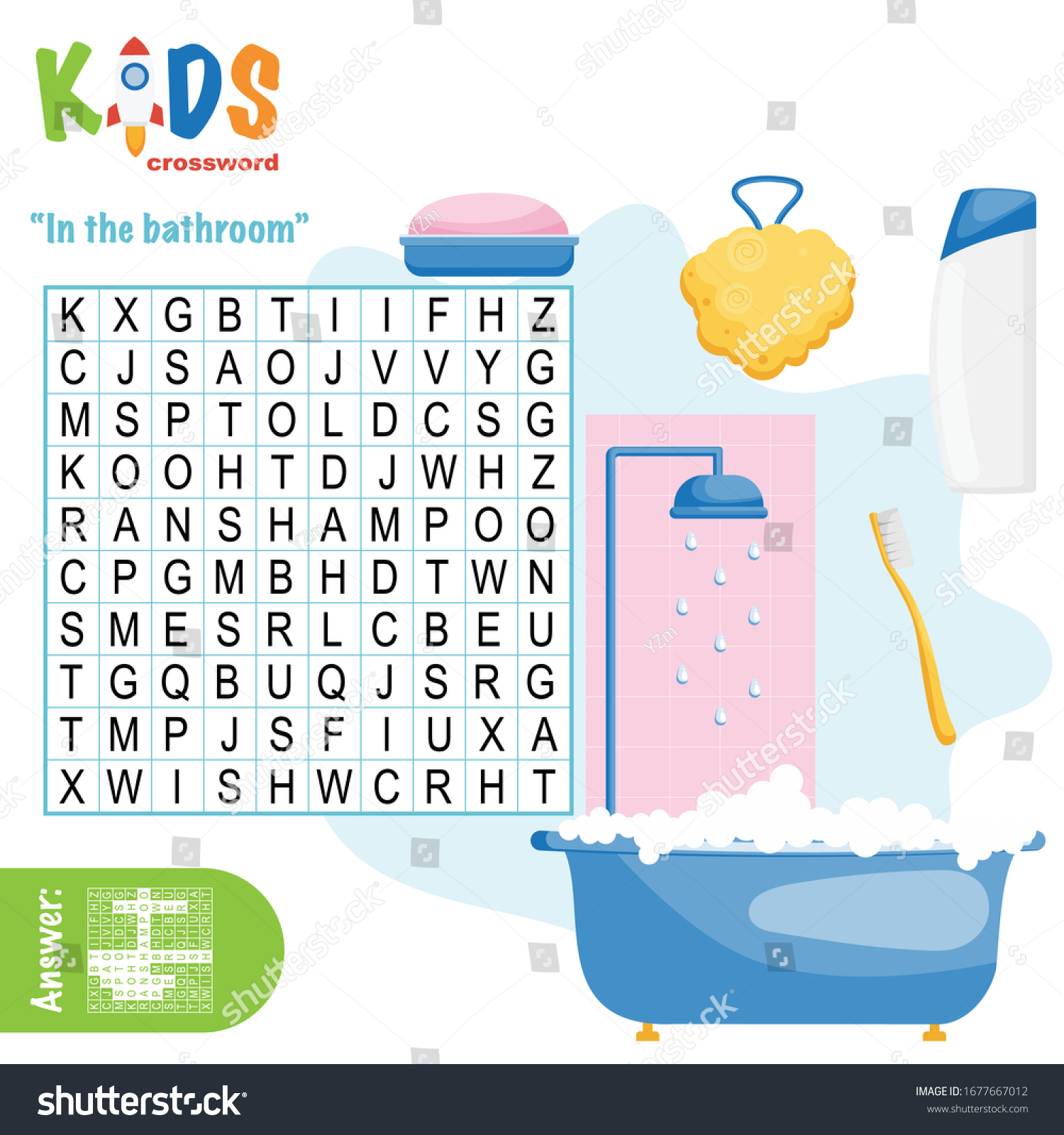 SVG of Easy word search crossword puzzle 'In the bathroom', for children in elementary and middle school. Fun way to practice language comprehension and expand vocabulary. Includes answers. svg