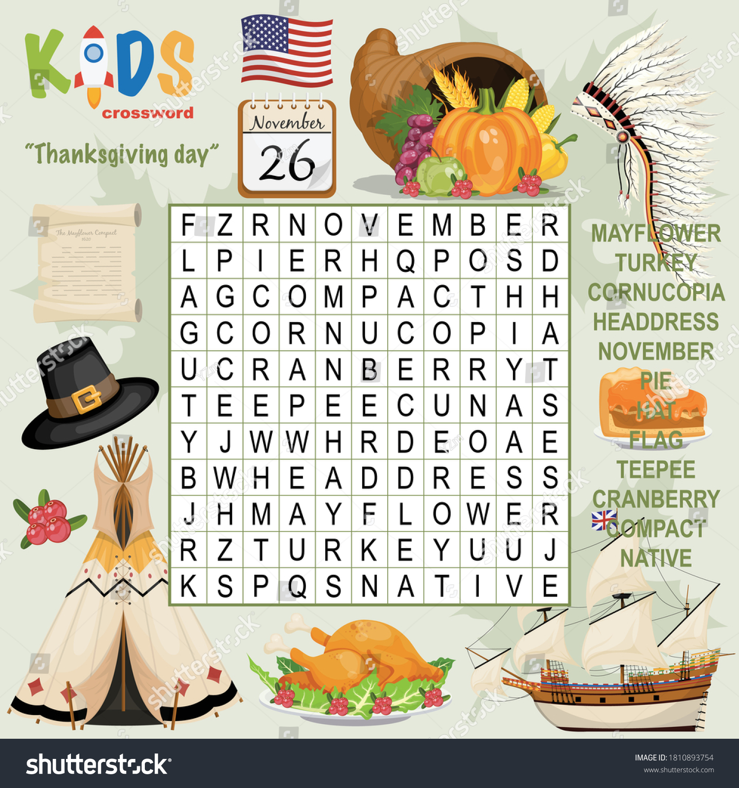 Easy Word Search Crossword Puzzle Thanksgiving Stock Vector Royalty Free 1810893754