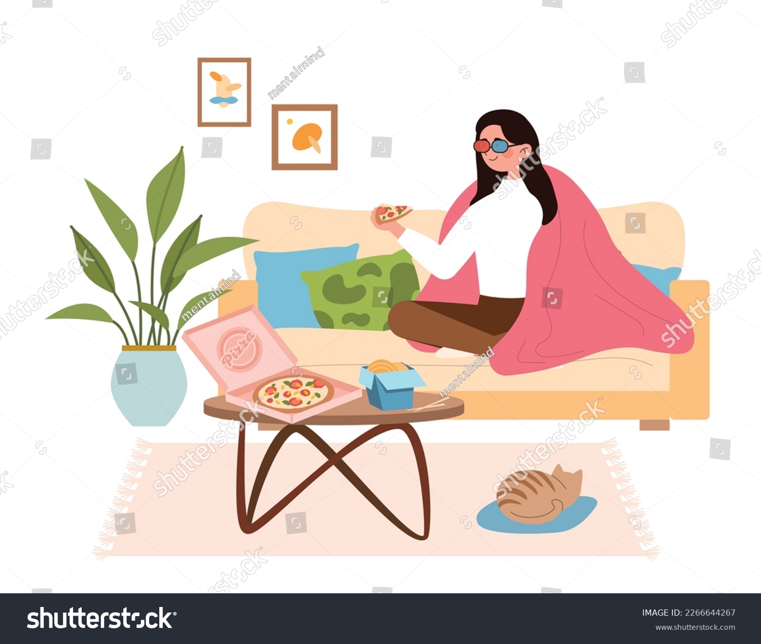 SVG of Eating takeaway food watching movie. Woman in red and blue glasses with pizza in her hand sits in apartment and watches movies. Rest after work and evening leisure. Cartoon flat vector illustration svg