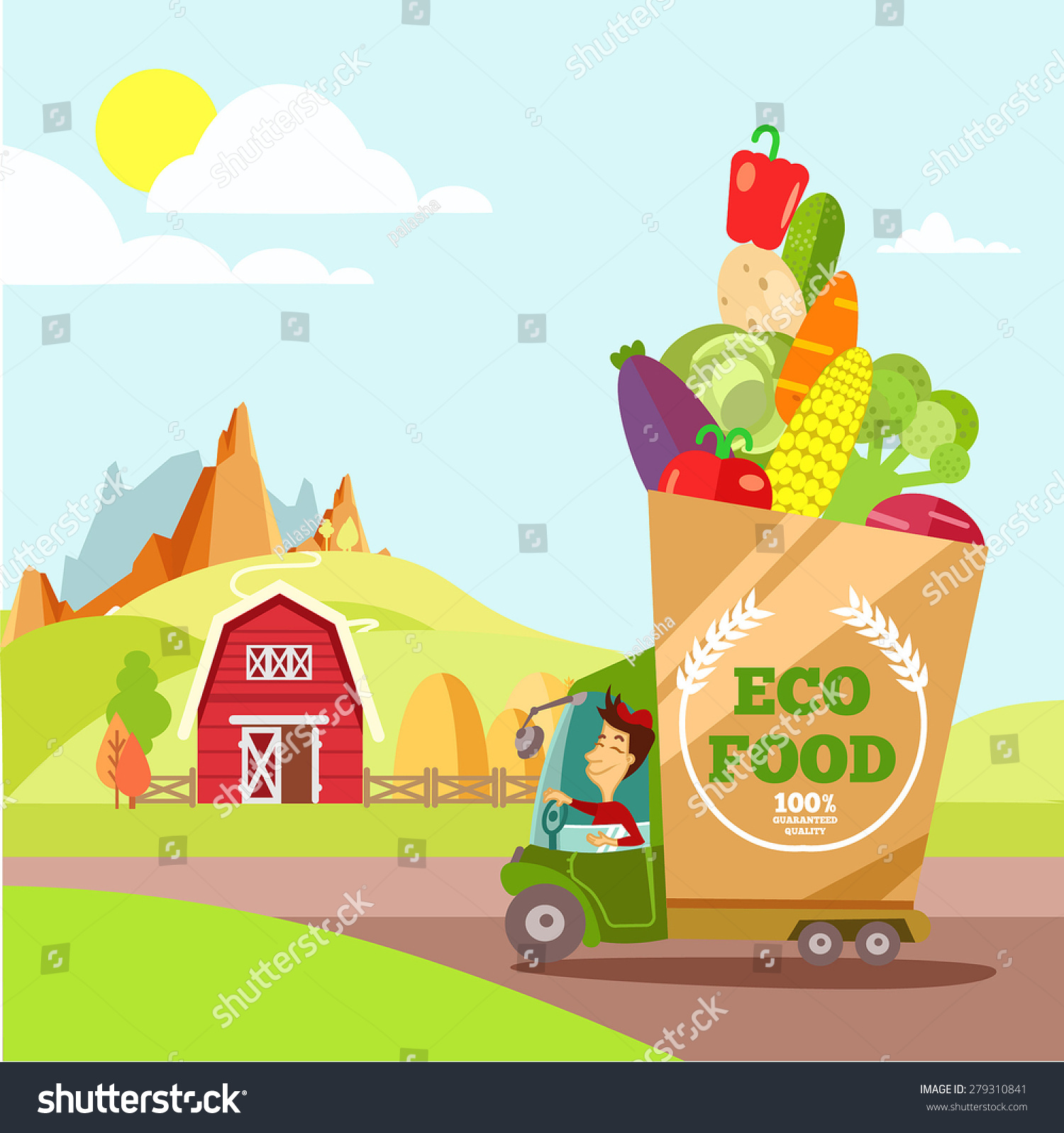 Eco Food Delivery Cartoon Car Green Stock Vector (Royalty Free) 279310841