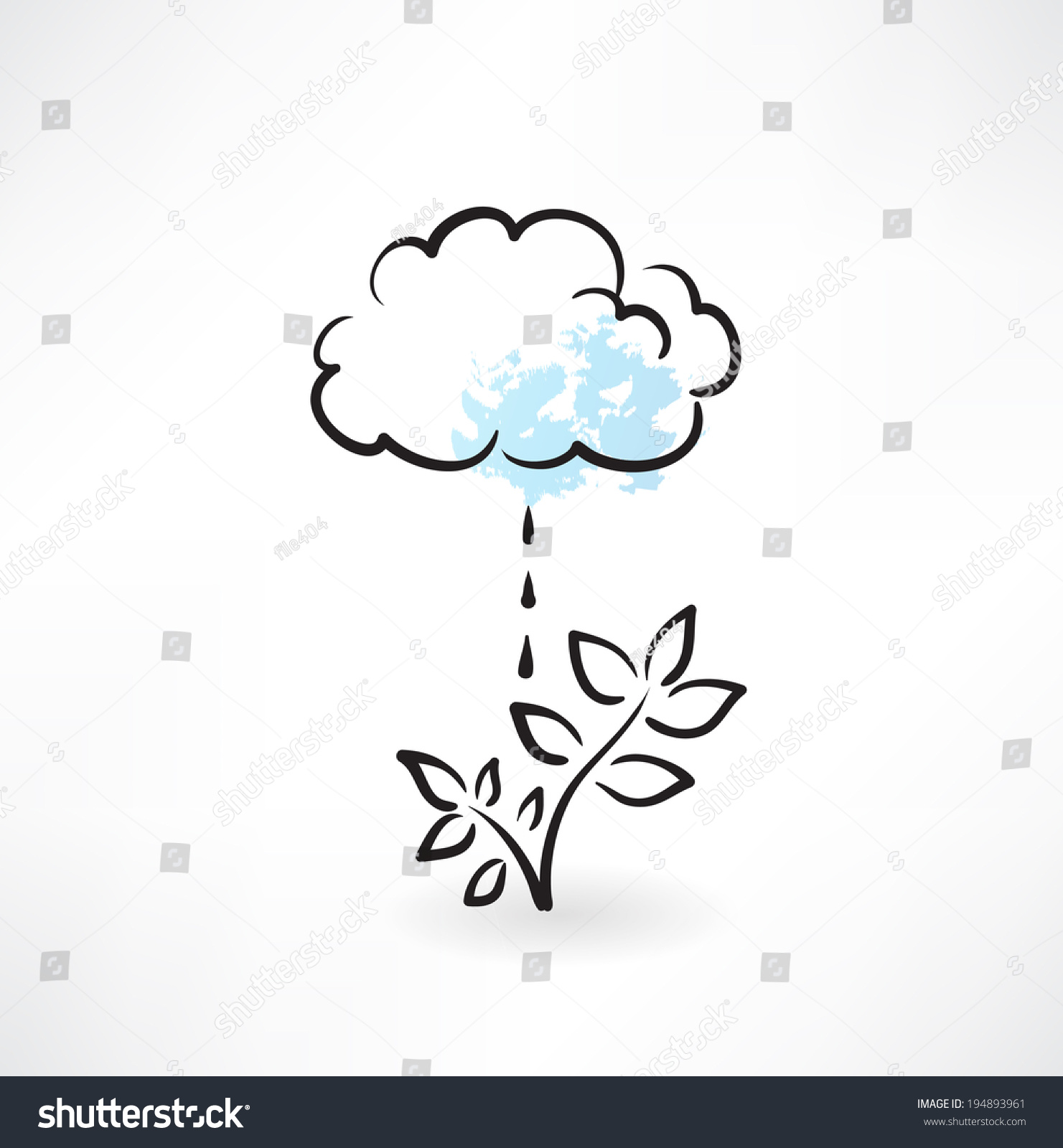 cloud raining on plant, black outline, white background clip art preview