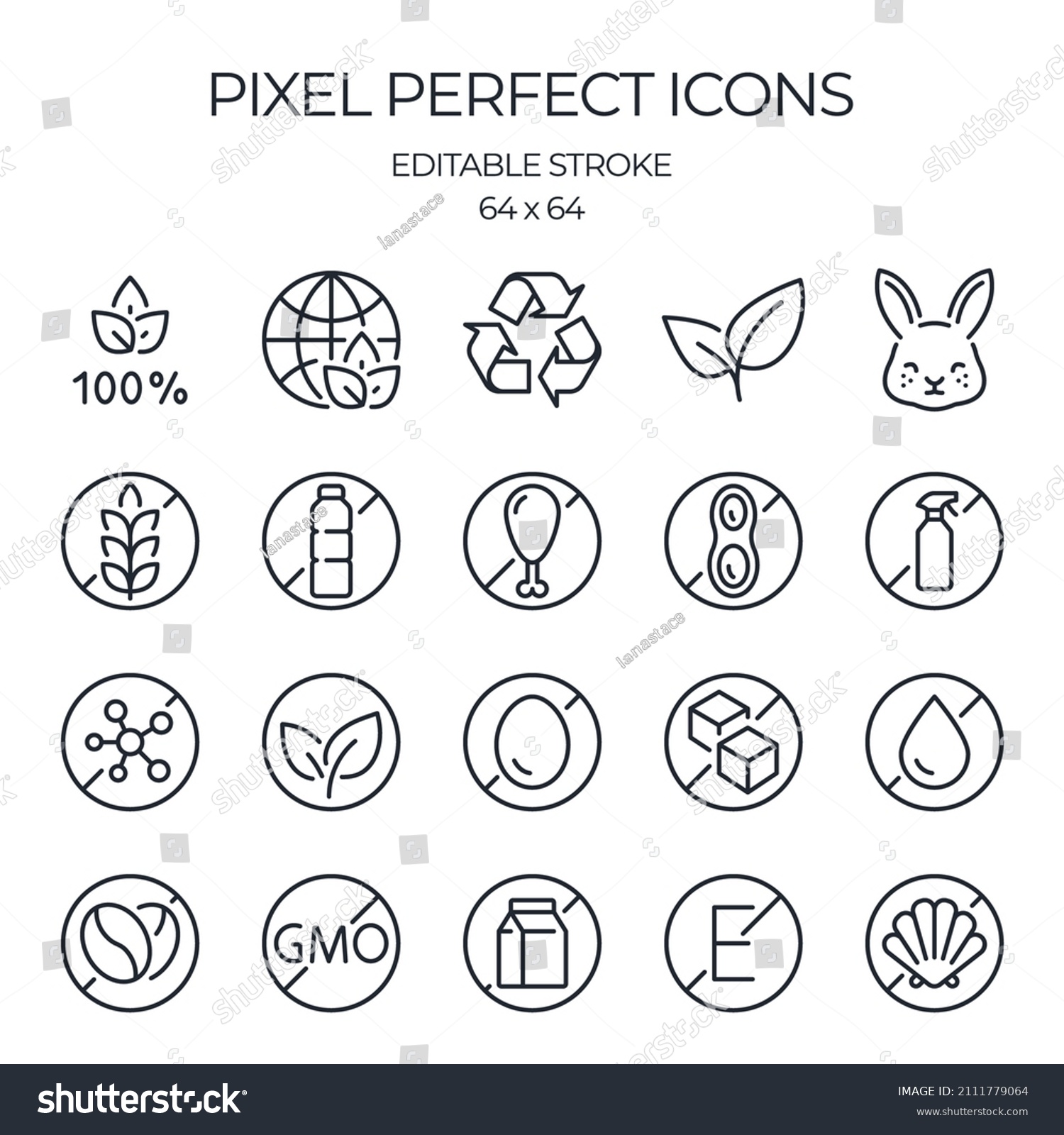 SVG of Eco, vegan, vegetarian, and allergens related editable stroke outline icons set isolated on white background flat vector illustration. Pixel perfect. 64 x 64. svg