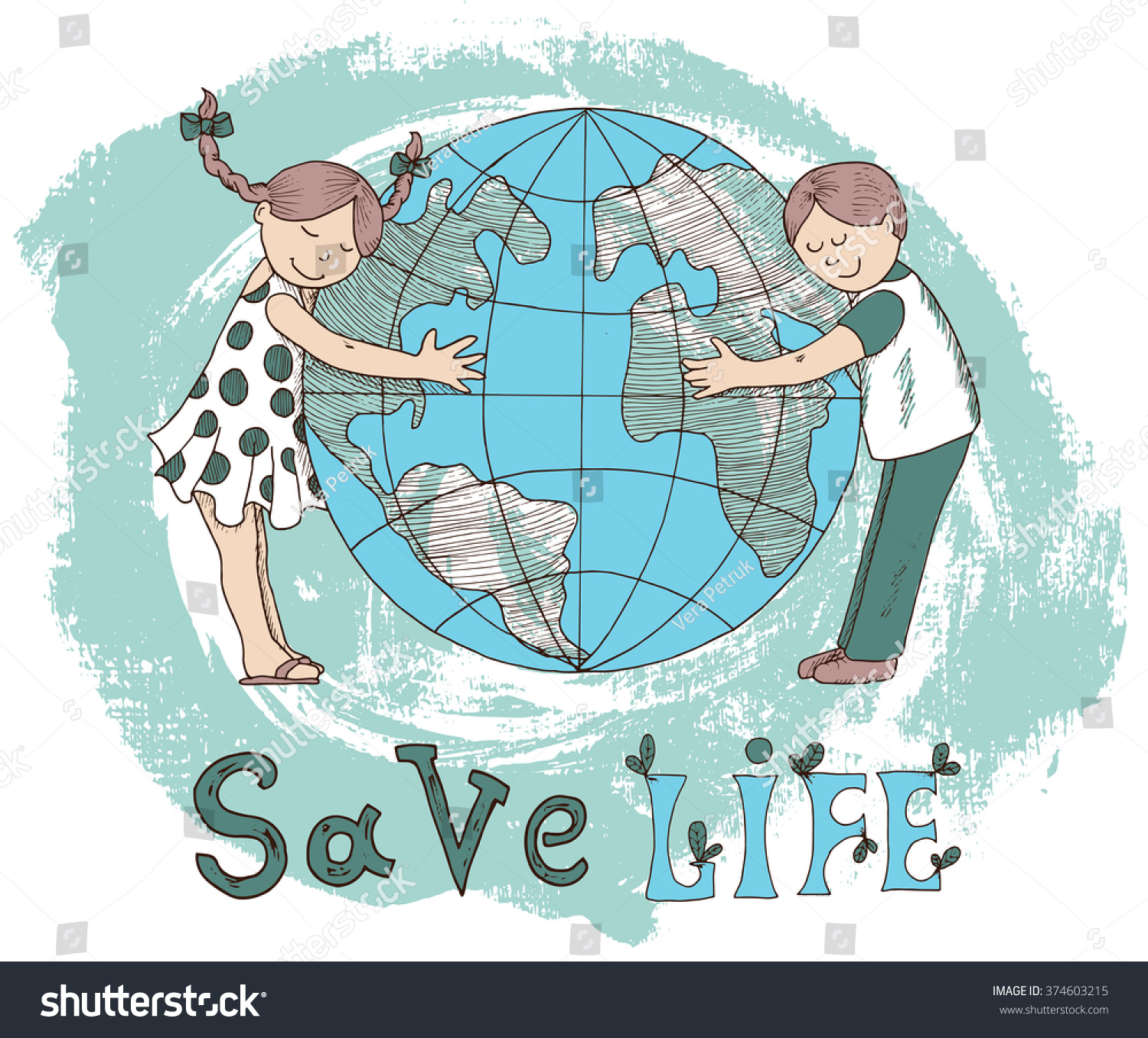 Ecological Doodle Poster Kids Hugging Globe Stock Vector Royalty