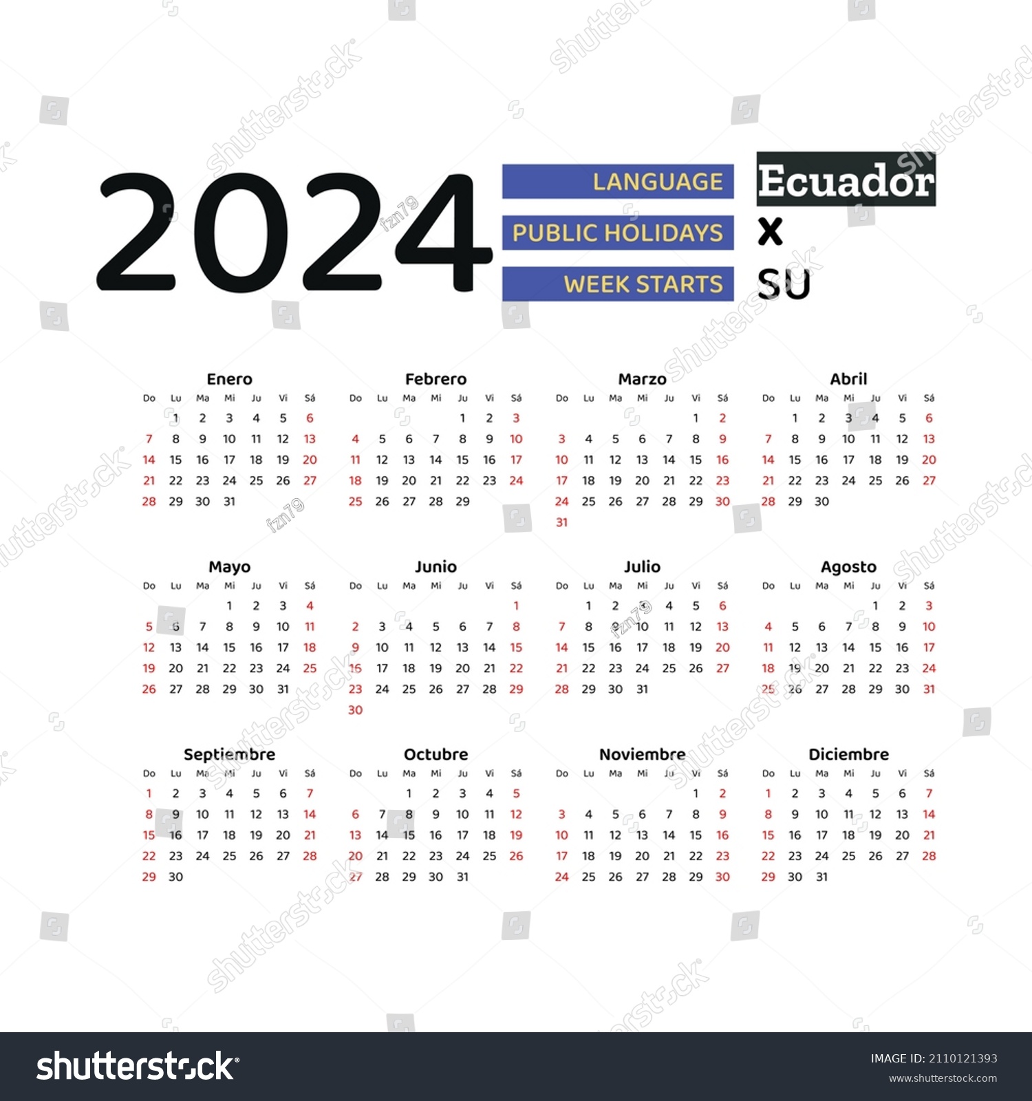 Ecuador Calendar 2024 Week Starts Sunday Stock Vector (Royalty Free) 2110121393 Shutterstock