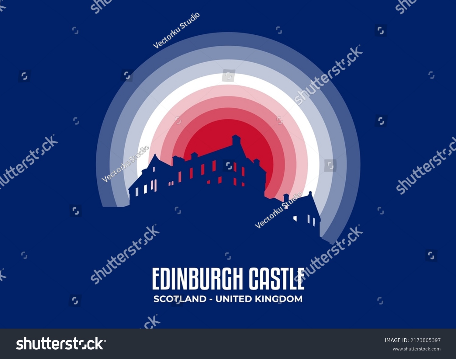 SVG of Edinburgh Castle illustration. Famous statue and building in moonlight illustration. Color tone based on official country flag. Vector eps 10. svg