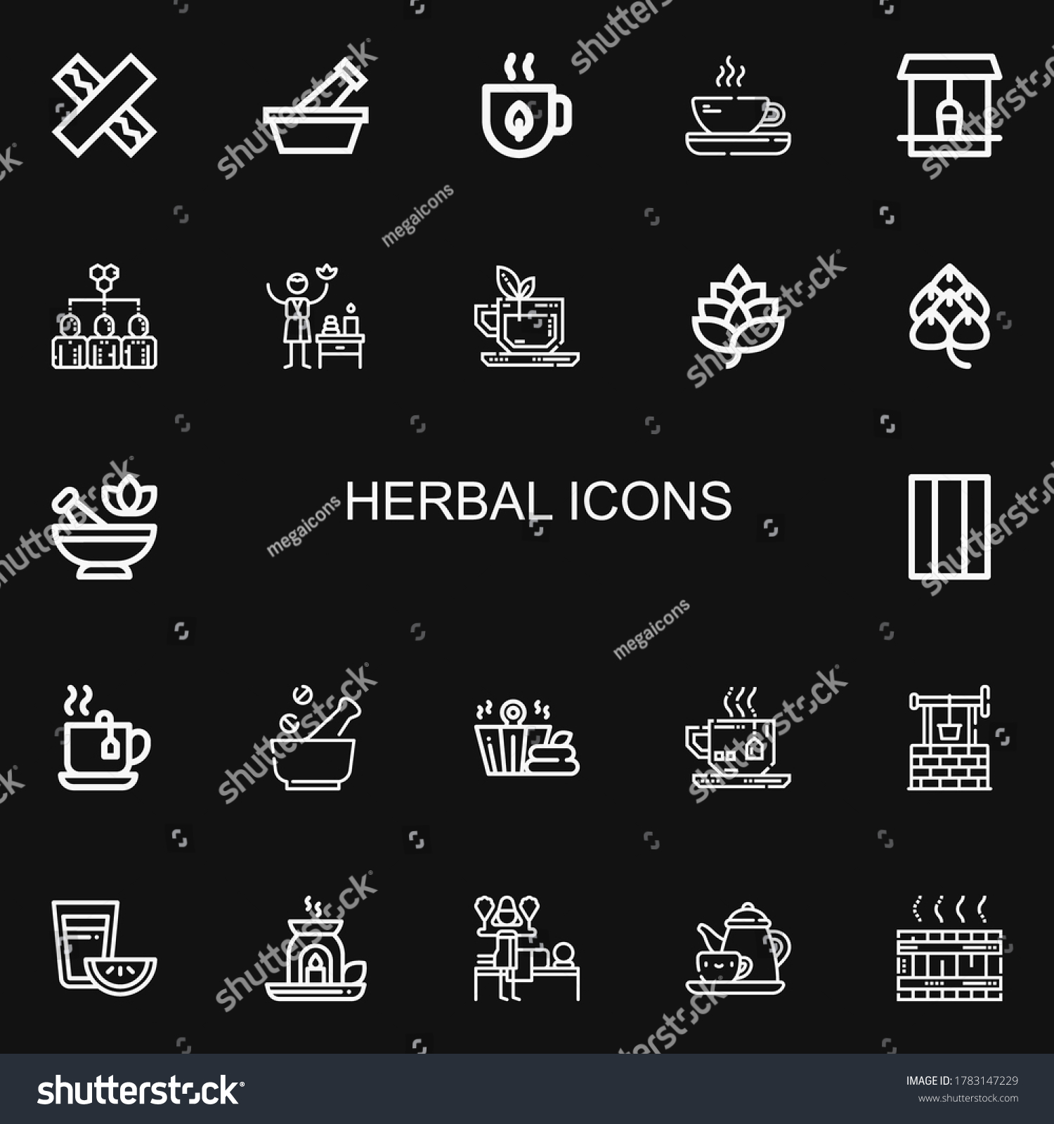 SVG of Editable 22 herbal icons for web and mobile. Set of herbal included icons line Chewing gum, Mortar, Tea, Well, Hive, Spa, Hop, Sauna, Essential oil, Massage on black background svg