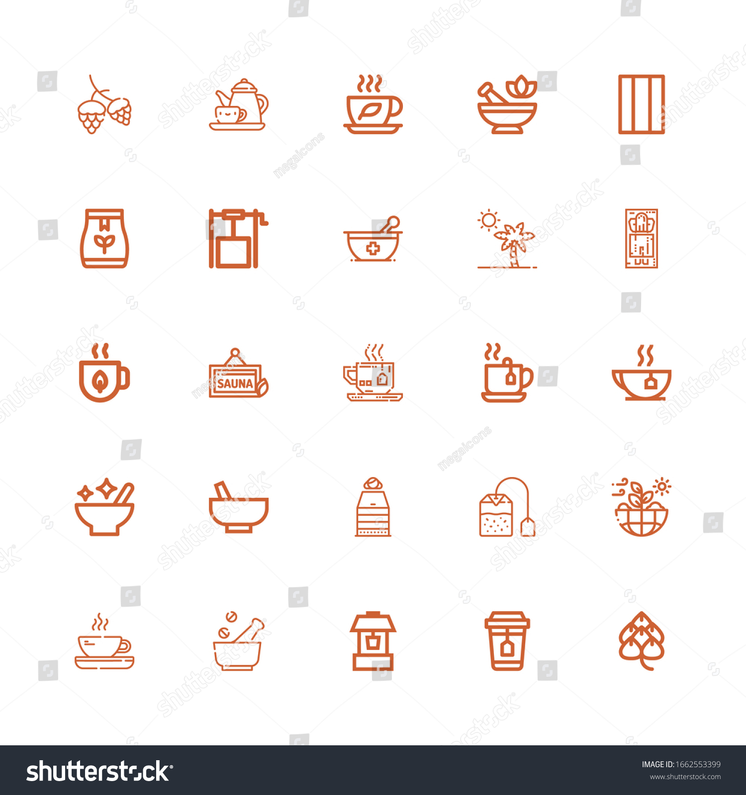 SVG of Editable 25 herbal icons for web and mobile. Set of herbal included icons line Hop, Tea, Well, Mortar, Nature, Tea bag, Sauna, Massage, Botanical, Chewing gum on white background svg
