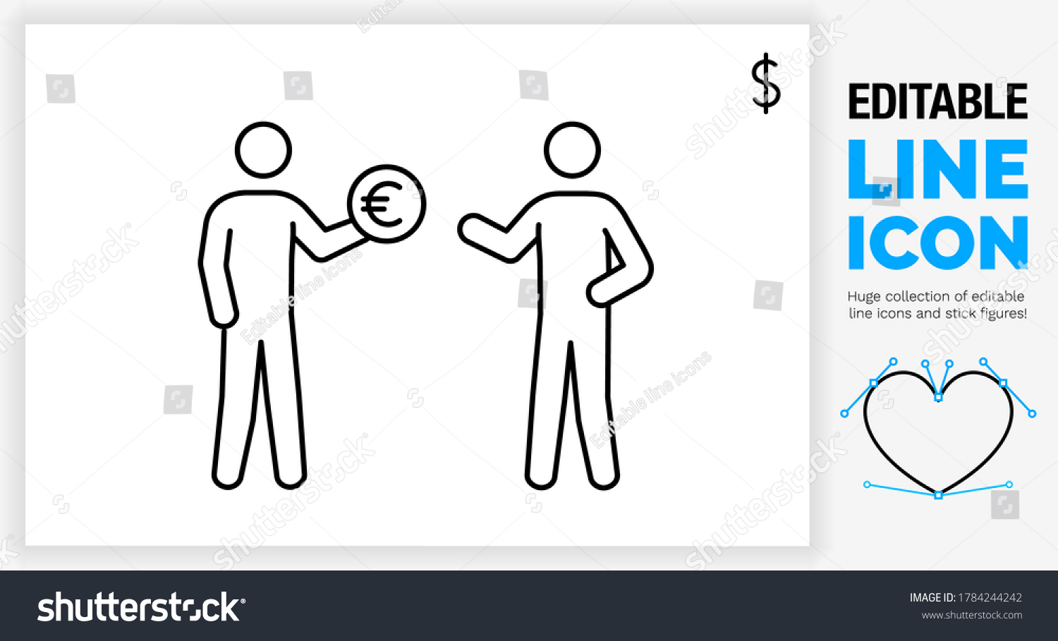 SVG of Editable line icon of two stick figure people standing in full body view giving or lending a money coin with a euro sign to a friend or business partner as a eps vector graphic in a black stroke svg