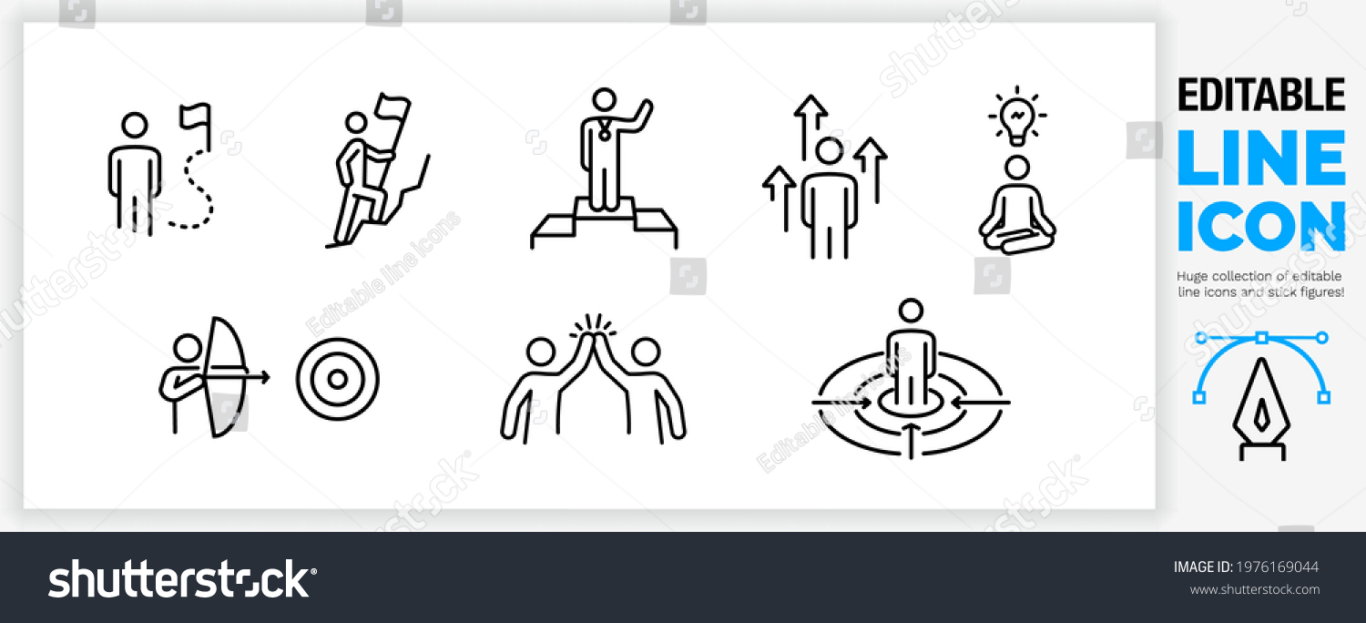 SVG of Editable line icon set of stick figure character in black outline illustration about people reaching their ambition and goal by achieving the next step in their career going up and doing it together svg