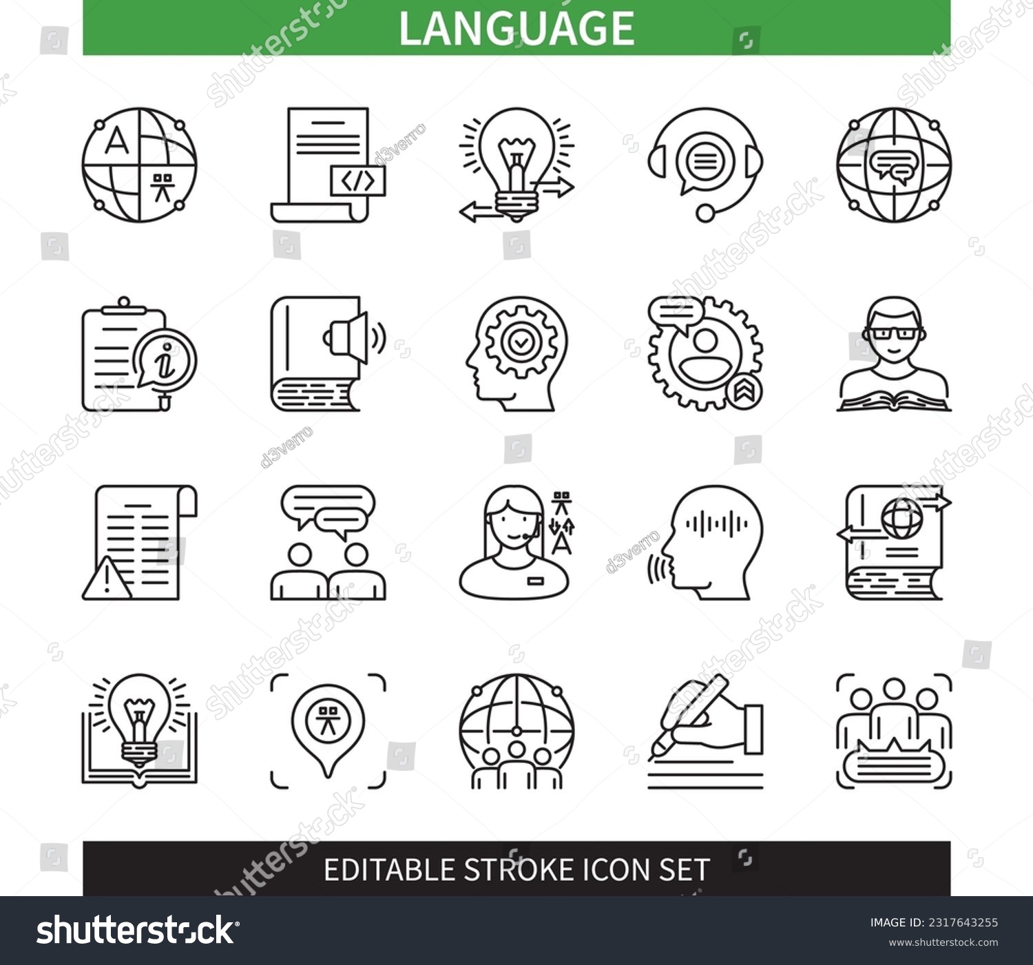 SVG of Editable line Language outline icon set. Dictionary, Communication, Knowledge, Vocabulary, Translate, Speech, Writing, Grammar. Editable stroke icons EPS svg