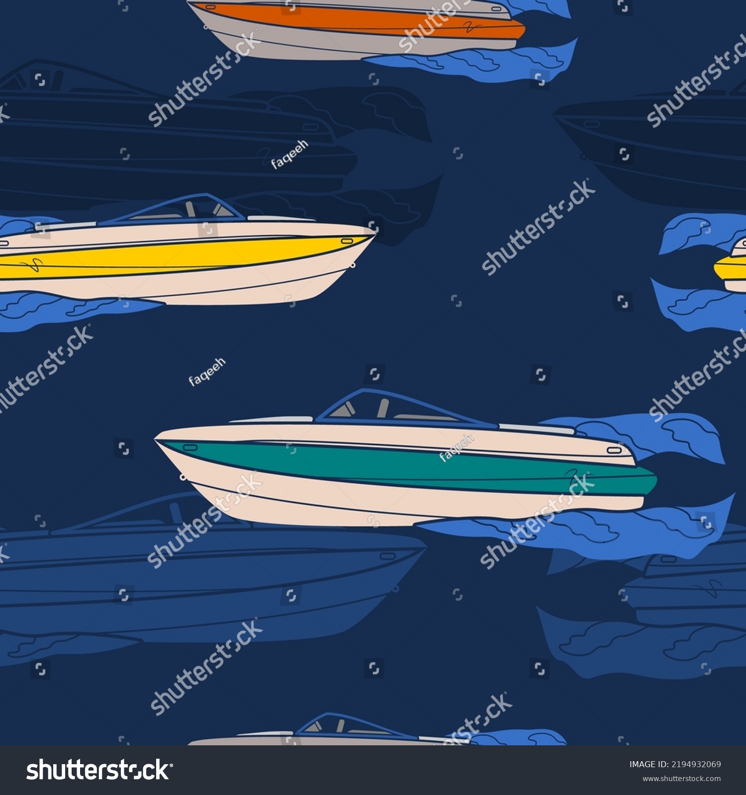 SVG of Editable Side View American Bowrider Boats in Various Colors on Water Vector Illustration as Seamless Pattern for Creating Background of Transportation or Recreation Related Design svg