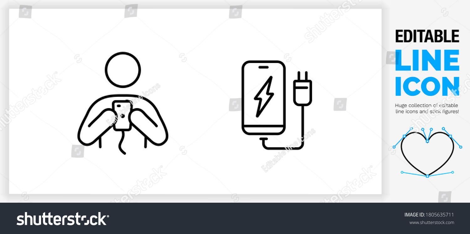 SVG of Editable stroke weight line icon of a stick figure person charging a mobile at an electricity point or location with the man holding his digital phone with the cable in the plug in a black eps vector svg