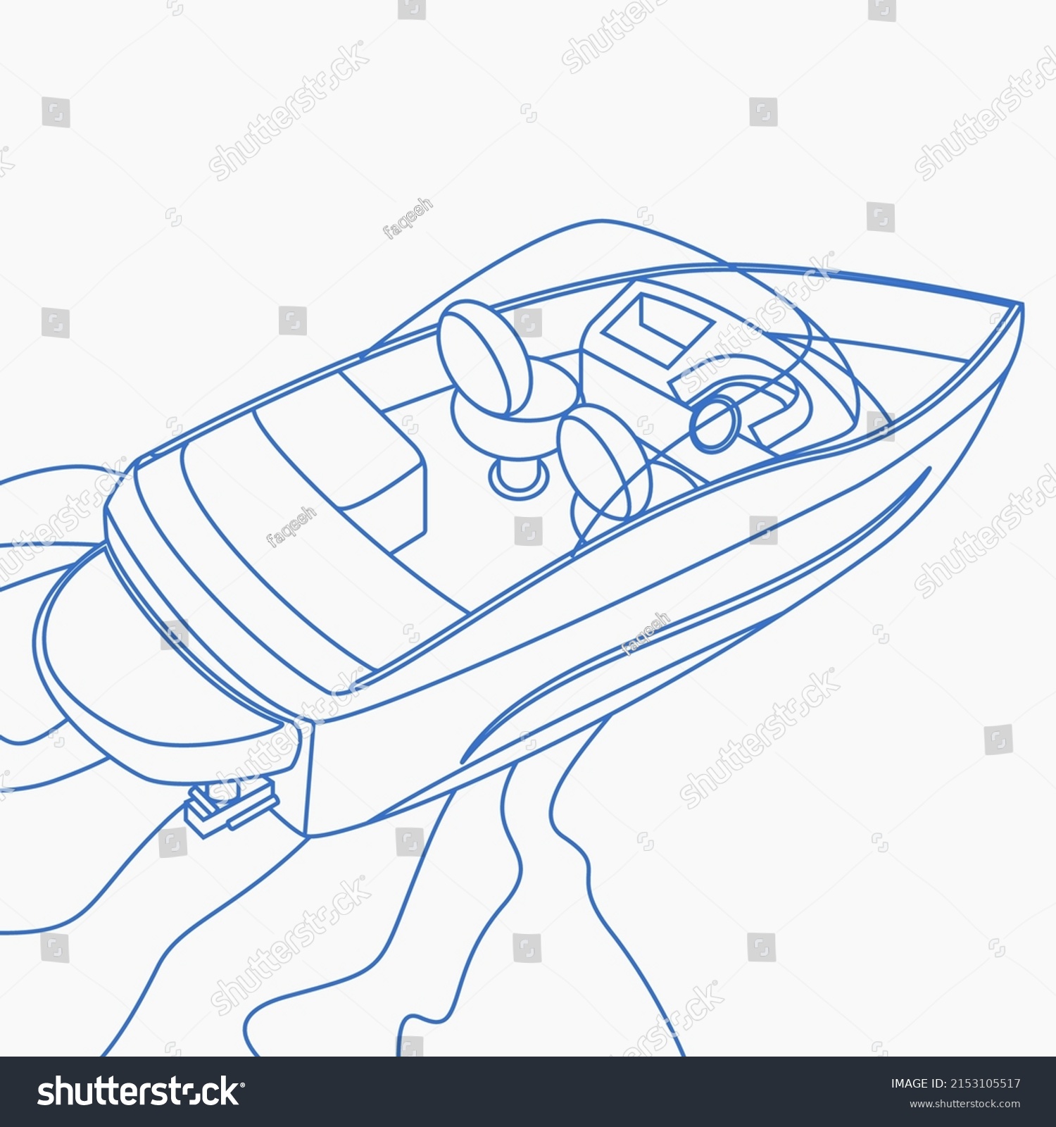 SVG of Editable Top Back Oblique View American Bowrider Boat on Water Vector Illustration in Outline Style for Artwork Element of Transportation or Recreation Related Design svg