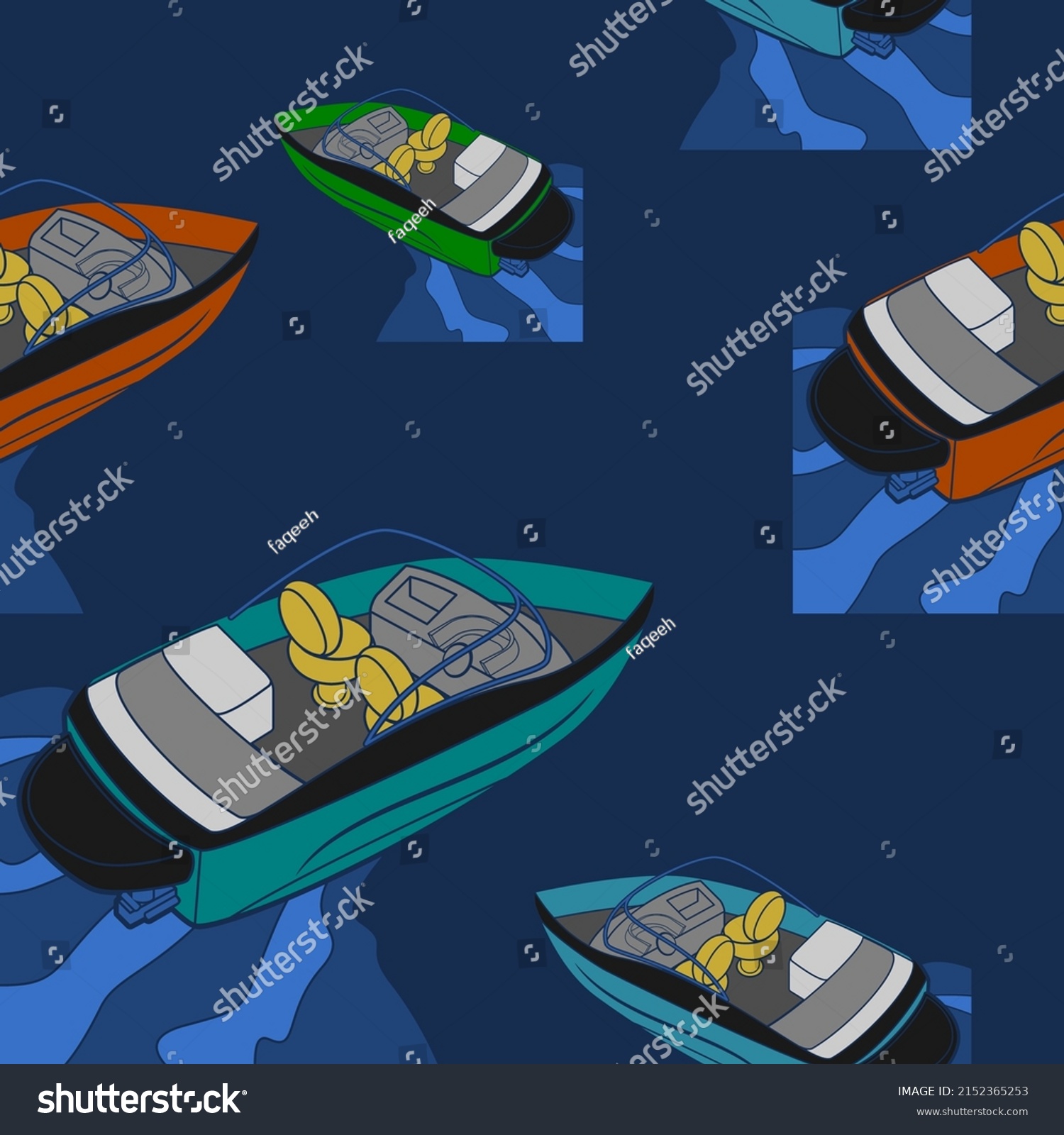 SVG of Editable Top Back Oblique View American Bowrider Boats in Various Colors on Water Vector Illustration as Seamless Pattern for Creating Background of Transportation or Recreation Related Design svg