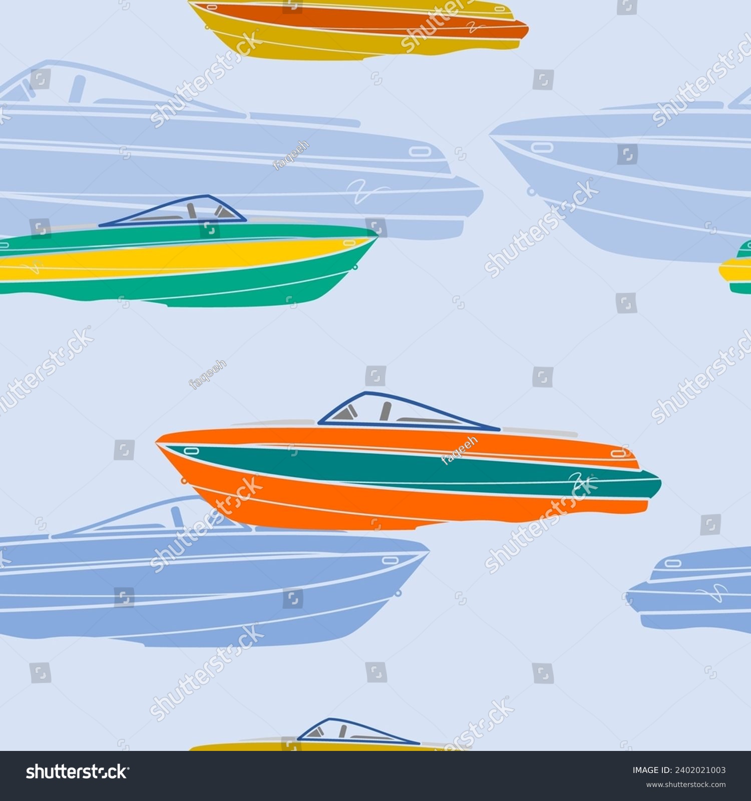 SVG of Editable Various Colors Side View American Bowrider Boats on Water Vector Illustration as Seamless Pattern for Creating Background of Transportation or Recreation Related Design svg