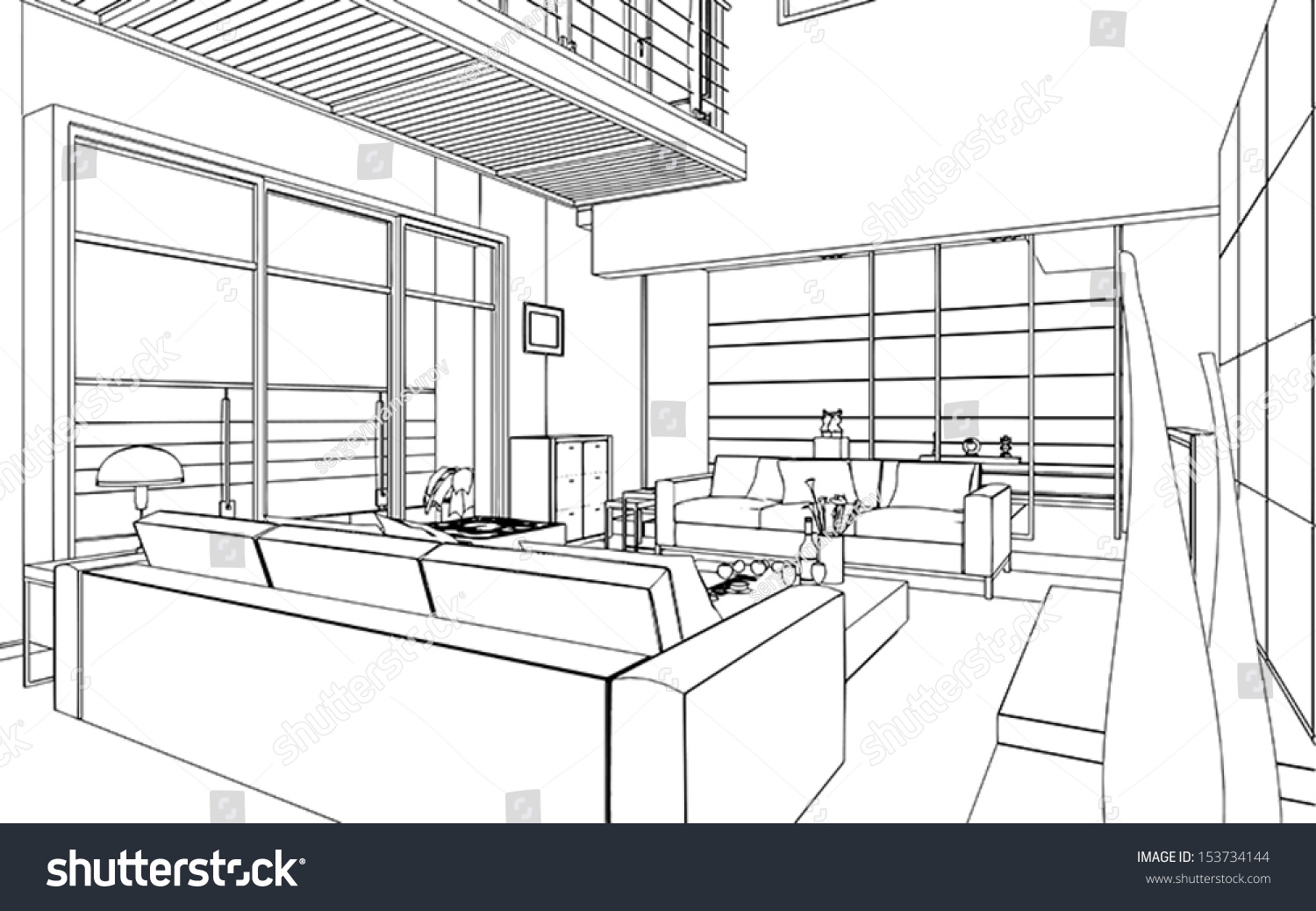 Editable Vector Illustration Of An Outline Sketch Of A Interior. 3d ...