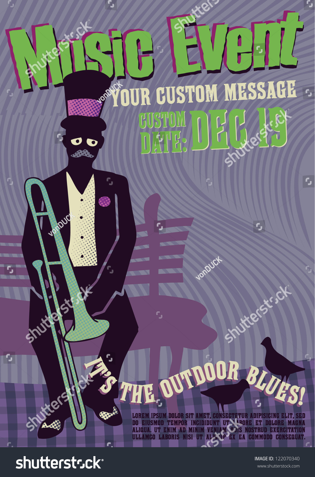 Editable Vector Illustration Of Music Event Poster Design Template With Trombone Player Sitting In A Editable Vector Illustration Of Music Event Poster Design Template With Trombone Player Sitting In A