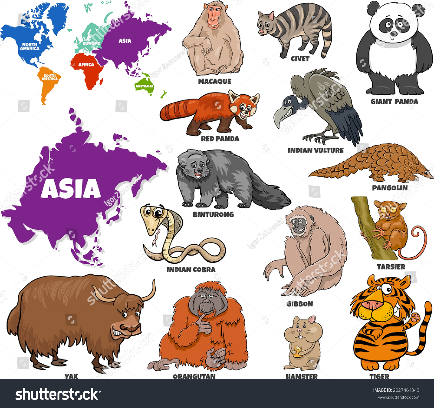 SVG of Educational cartoon illustration of Asian animal species set and world map with continents shapes svg