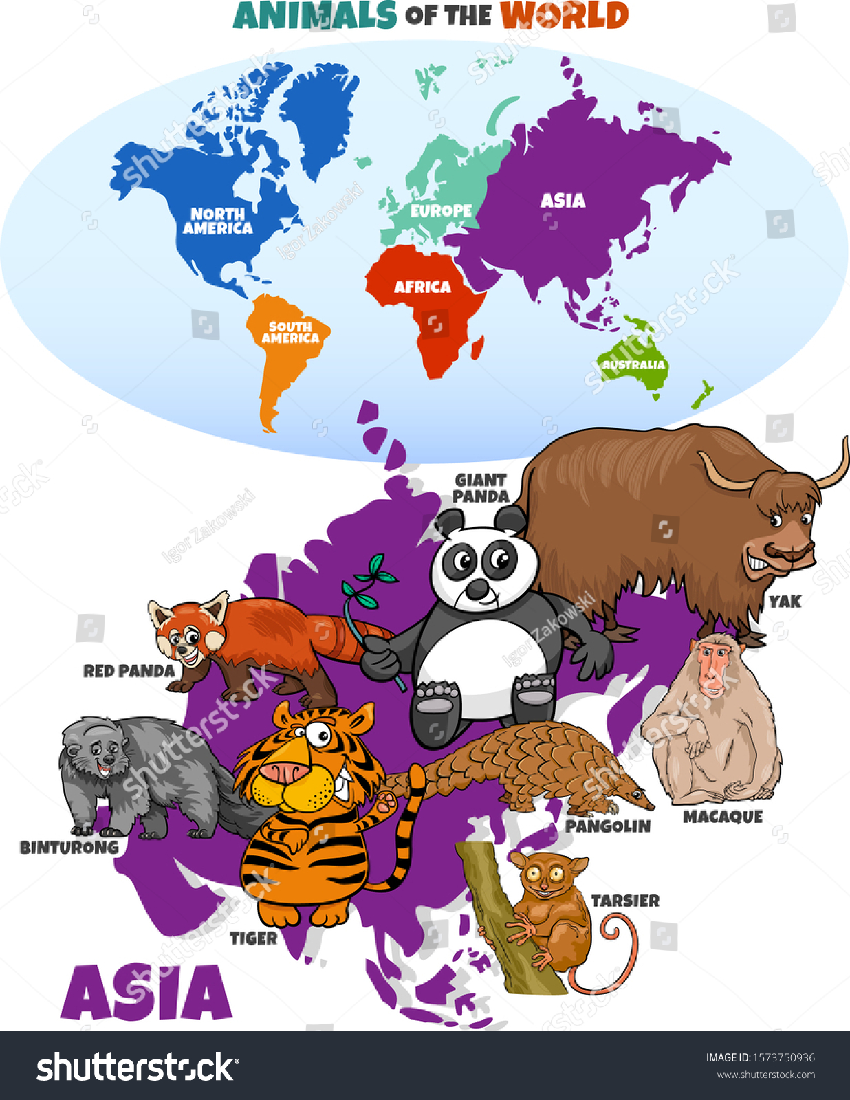 SVG of Educational Cartoon Illustration of Asian Animals and World Map with Continents svg