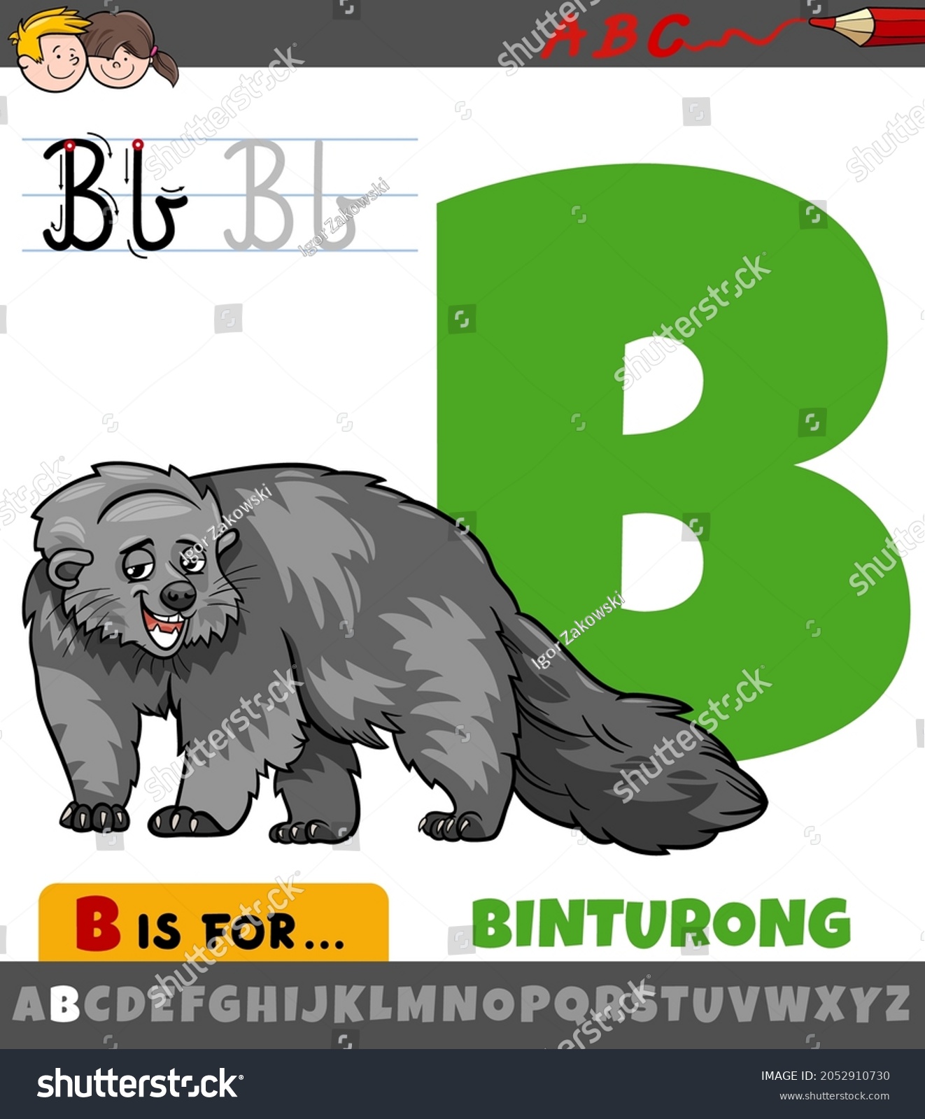 SVG of Educational cartoon illustration of letter B from alphabet with binturong animal character svg