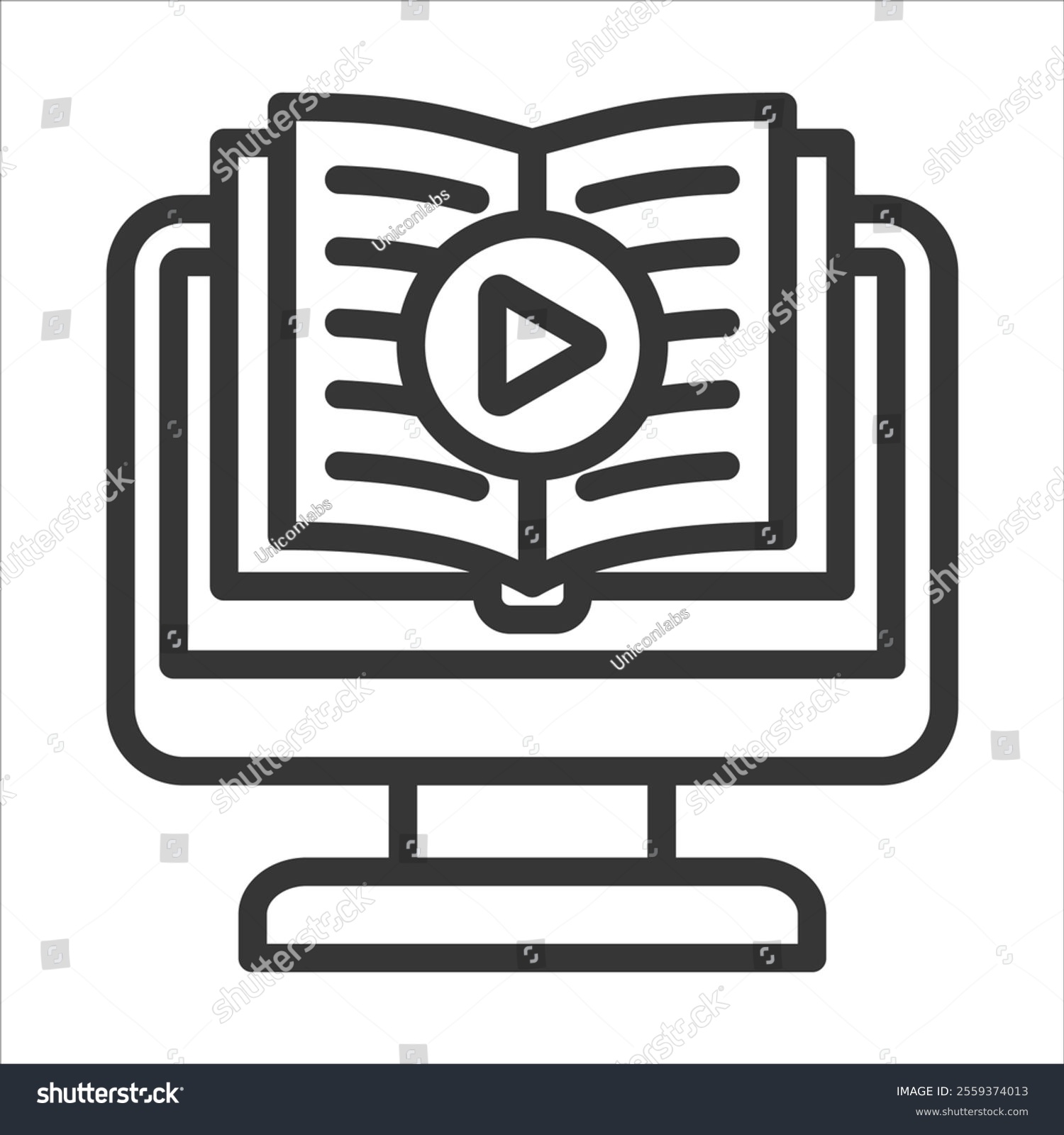 online learning concept: computer, book, play button clip art preview