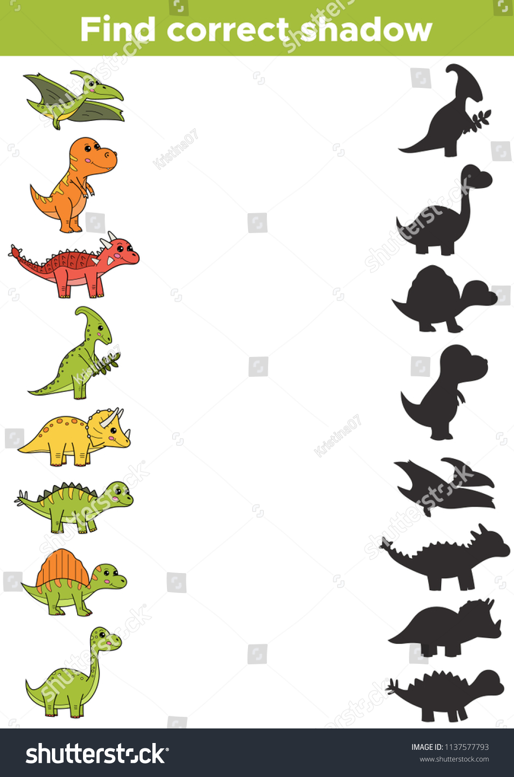 SVG of Educational game for preschool children. Find correct dinosaurs shadow. Funny cartoon characters. Vector illustration svg