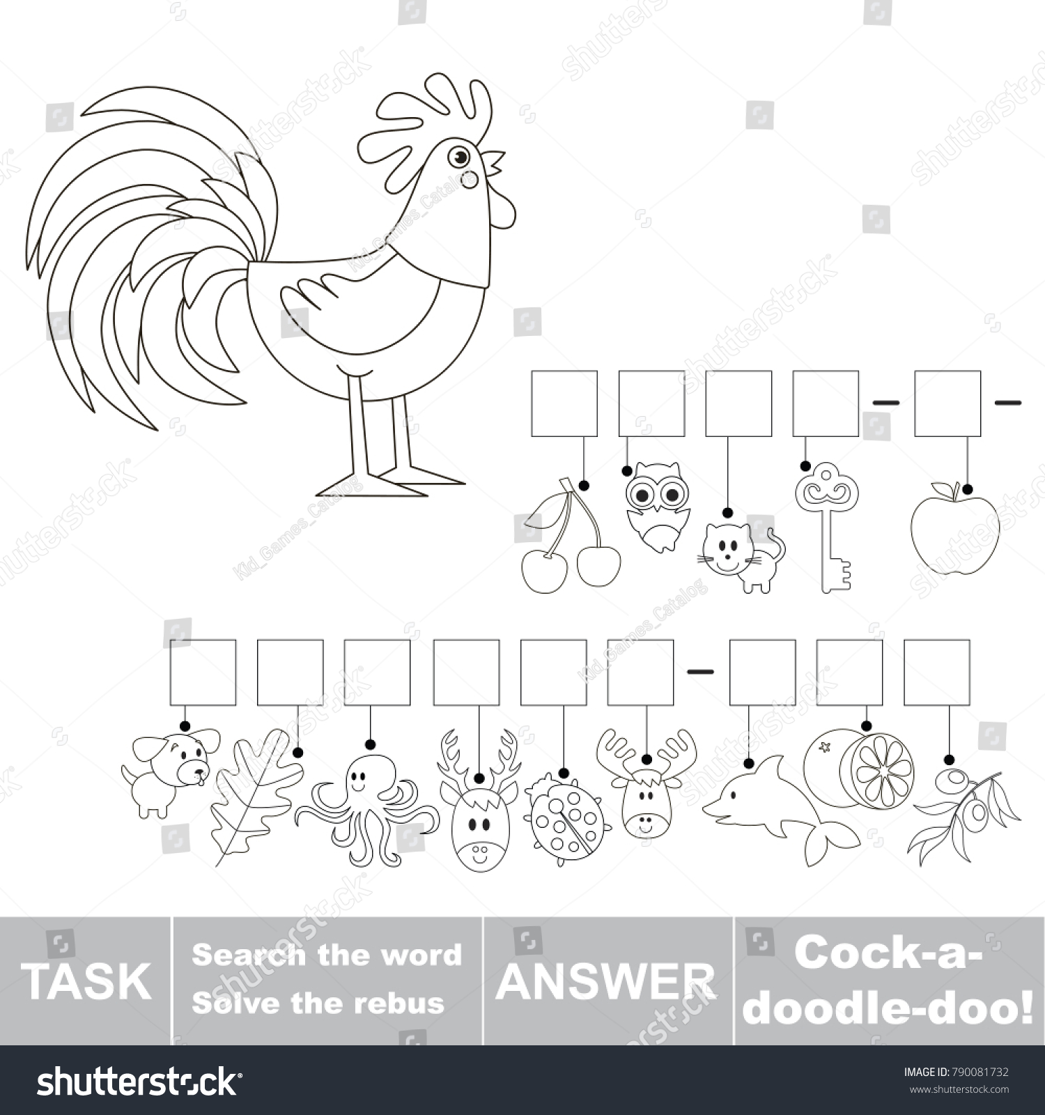 SVG of Educational puzzle game for kids. Find the hidden word Cock-a-doodle-doo svg