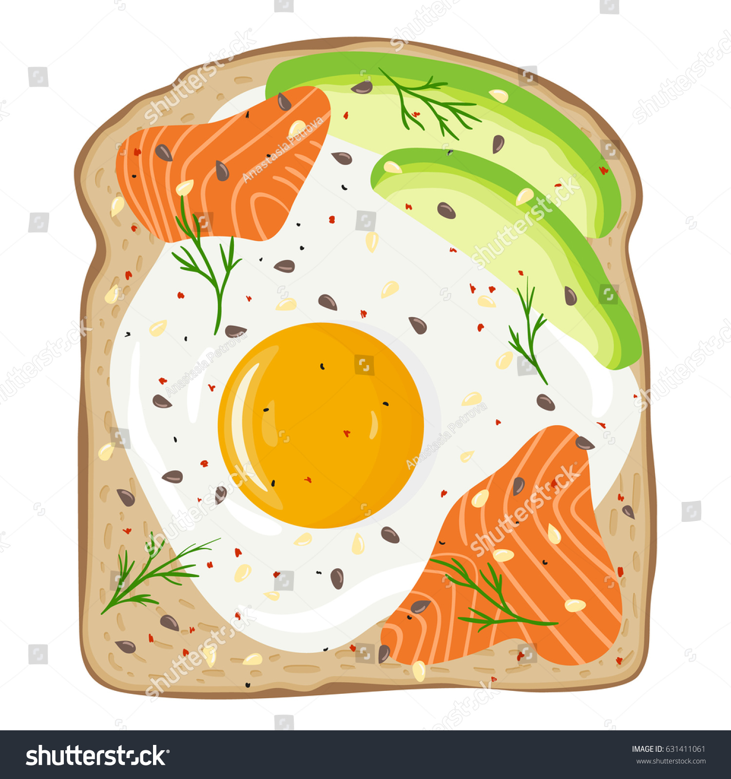 SVG of Egg, avocado and salmon toast. Delicious sandwich made of fresh toasted bread with fried egg, slices of avocado and smoked lox. Sesame seeds,seasoning and dill on top. Hand drawn vector illustration.  svg